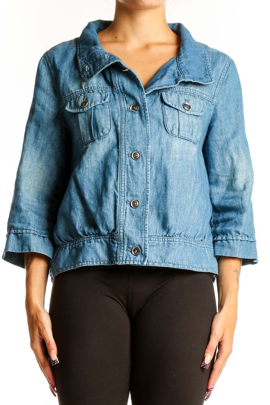Blue Cotton-Linen Blend Cropped Jacket Front