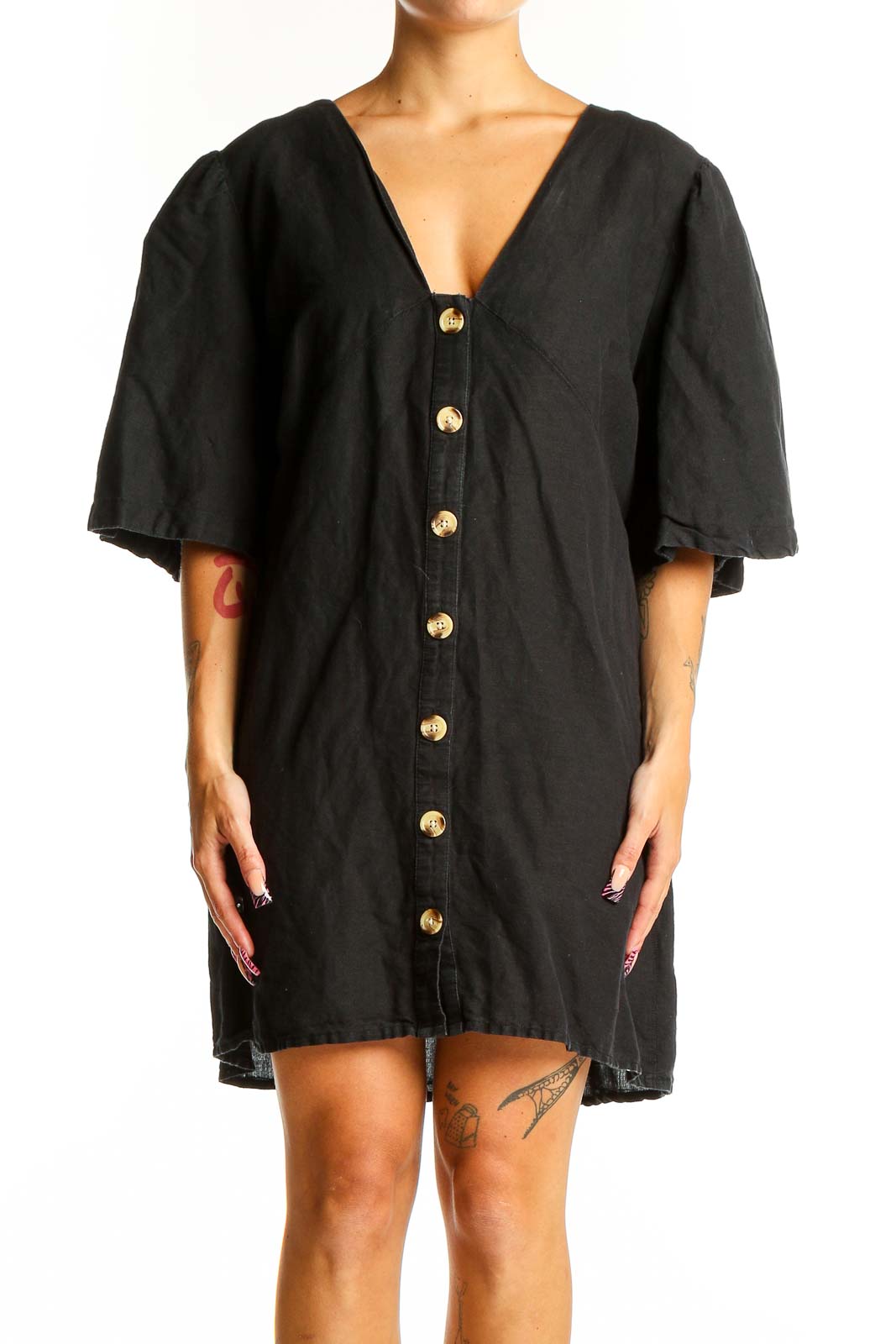 Black Button-Front Cotton-Linen Mini Dress Front