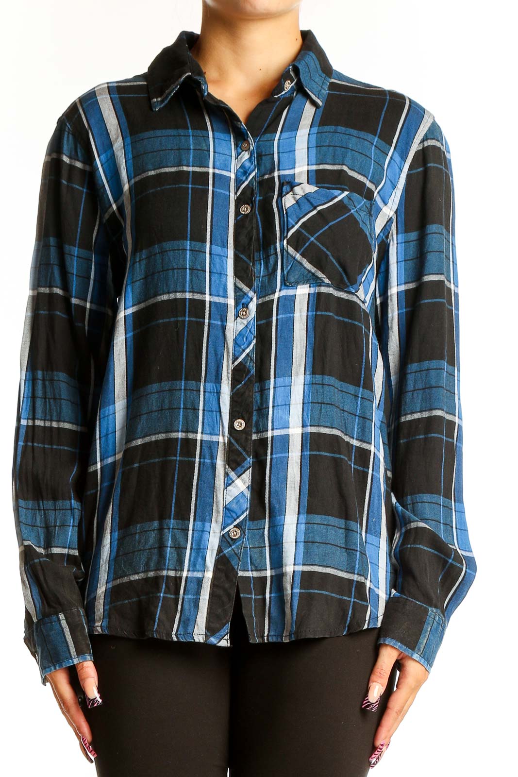 Blue and Black Plaid Button-Up Shirt Front