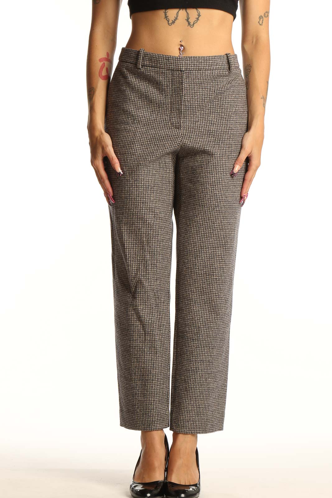 Gray Houndstooth Wool Blend Trousers Front