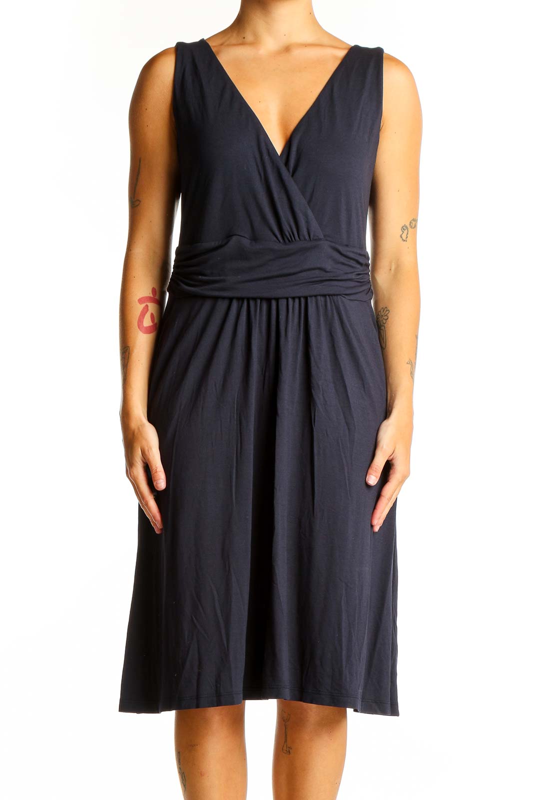 Navy Wrap-Style Sleeveless Midi Dress Front