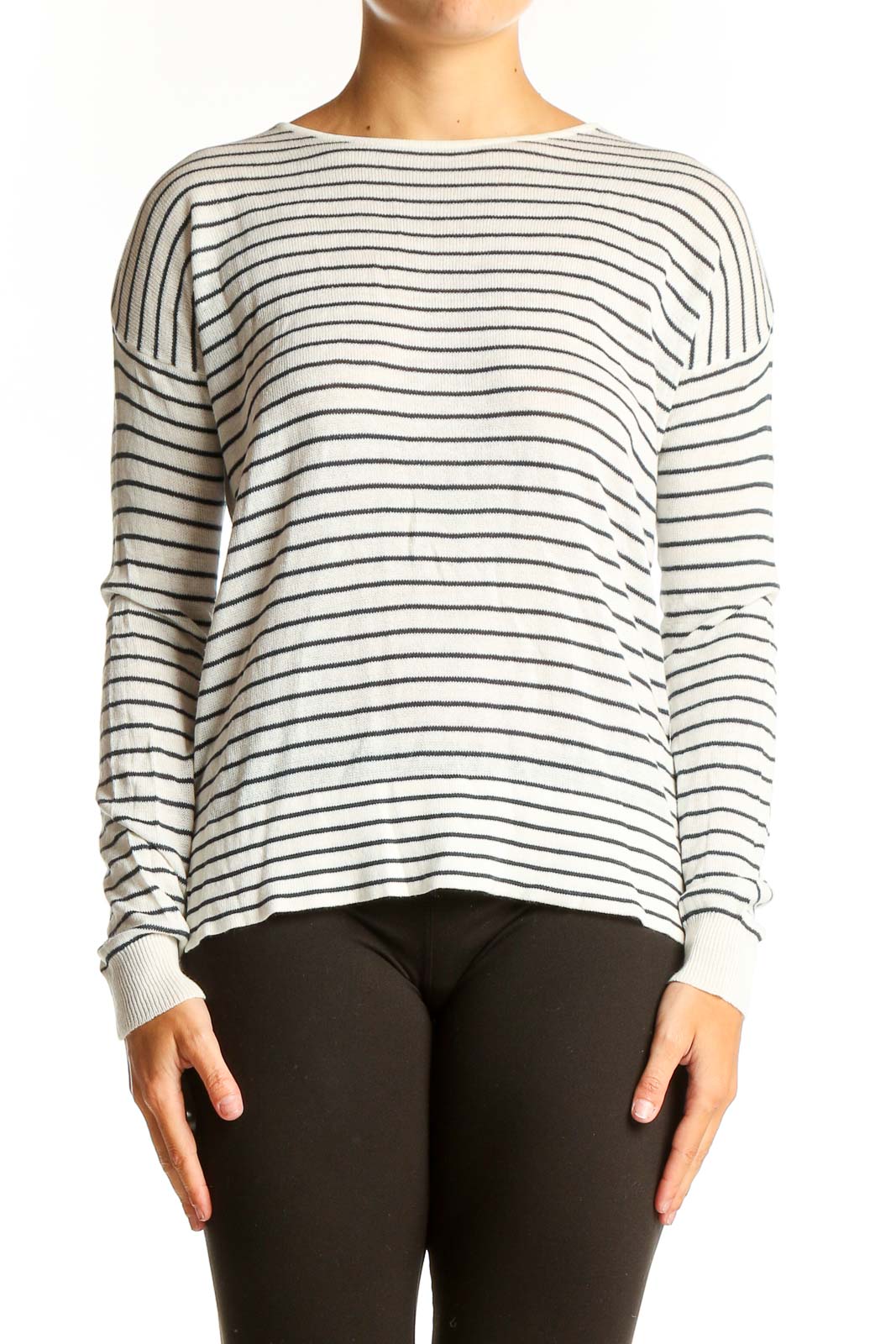 White Striped Long Sleeve Knit Top Front