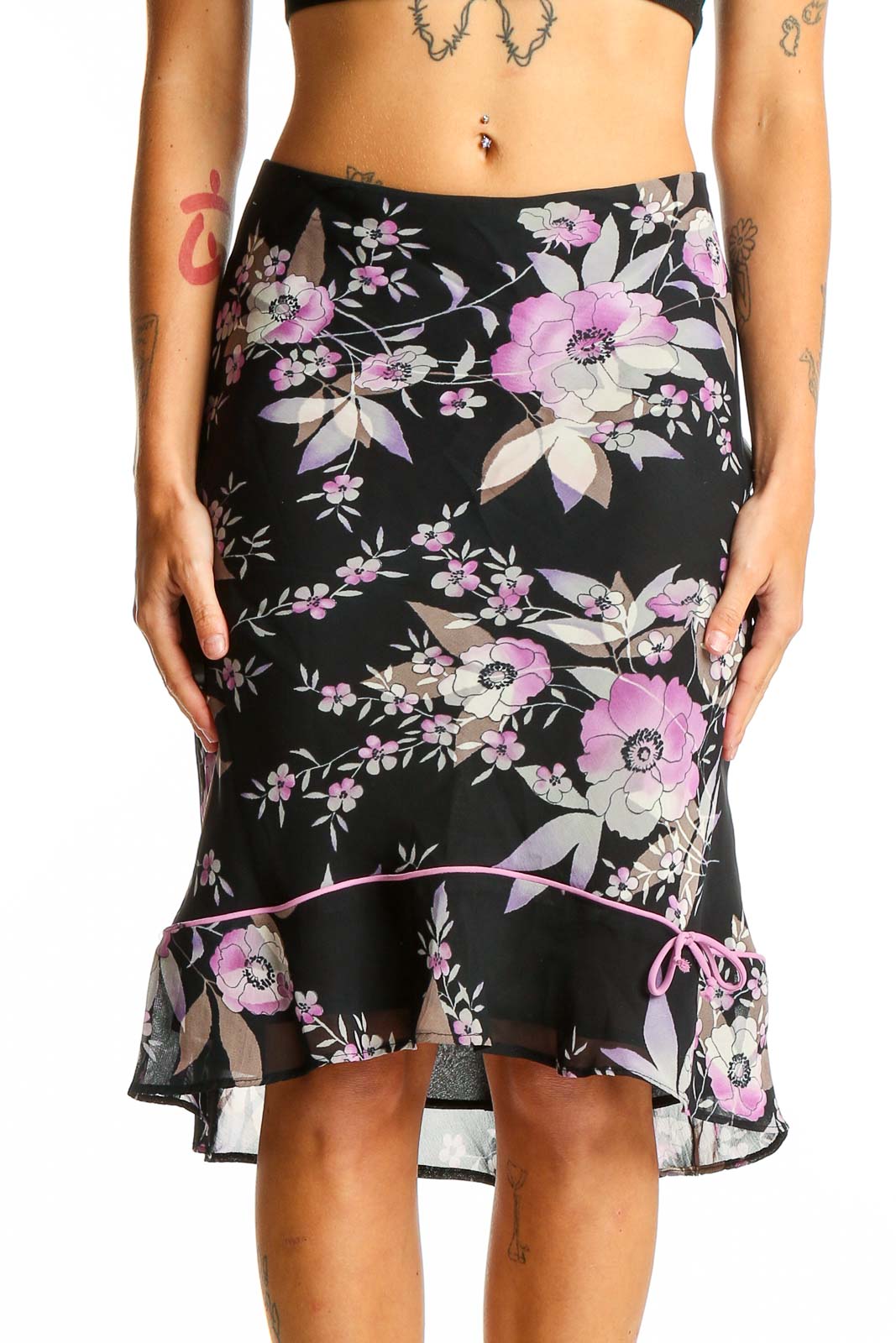 Black Floral Ruffled Hem Midi Skirt Front