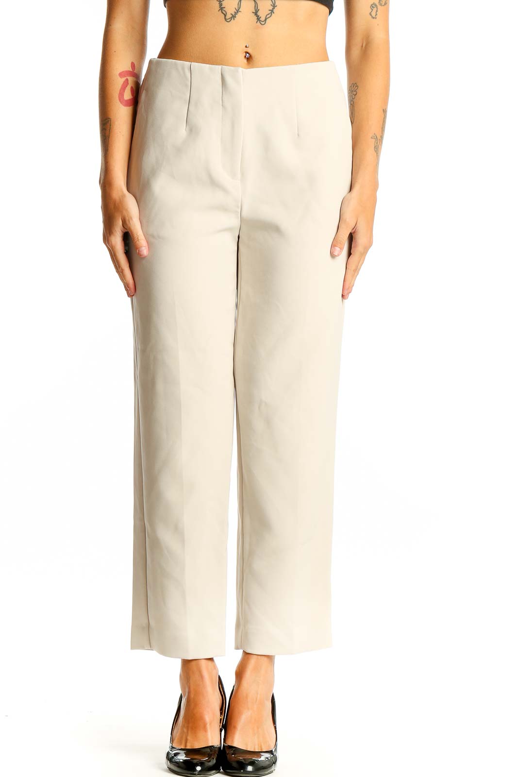 Beige Tailored Ankle-Length Trousers Front