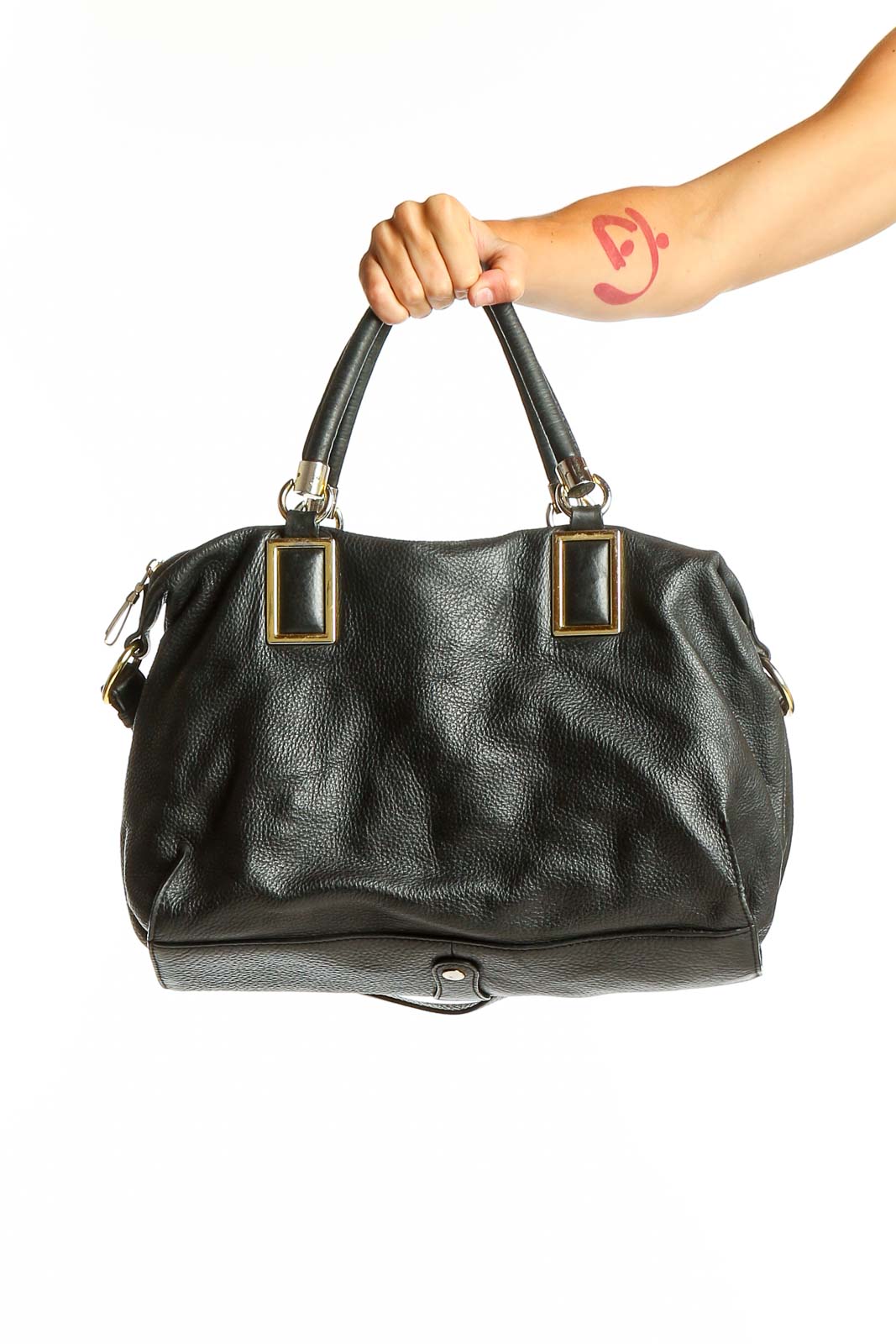 Black Leather Satchel with Gold Hardware Front