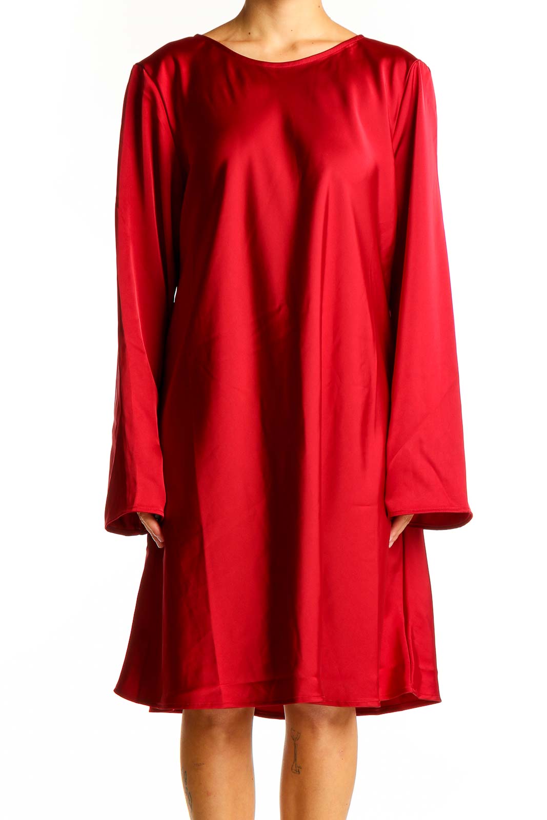 Red Polyester Long-Sleeve Shift Dress Front