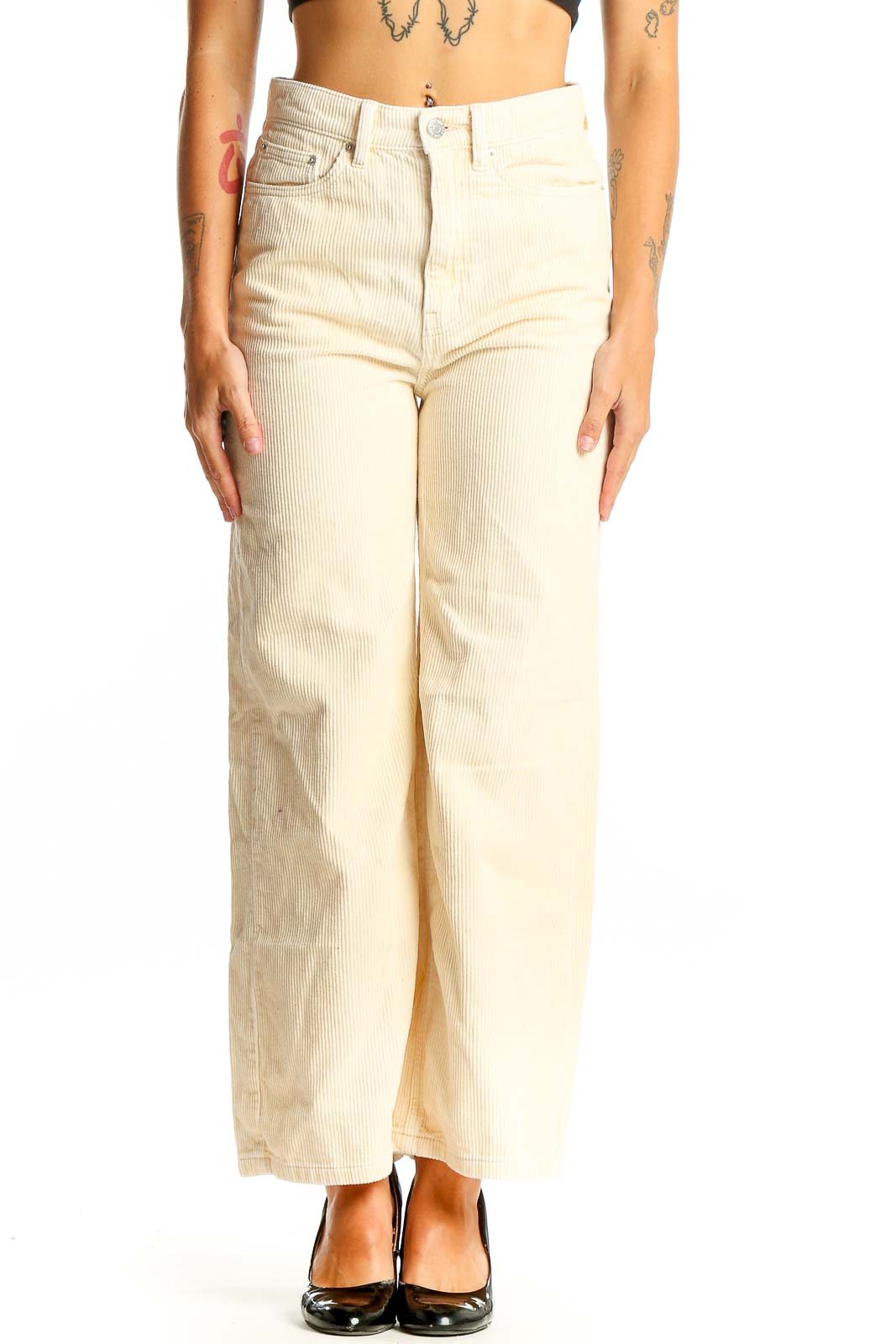 Cream Corduroy Wide-Leg Pants Front