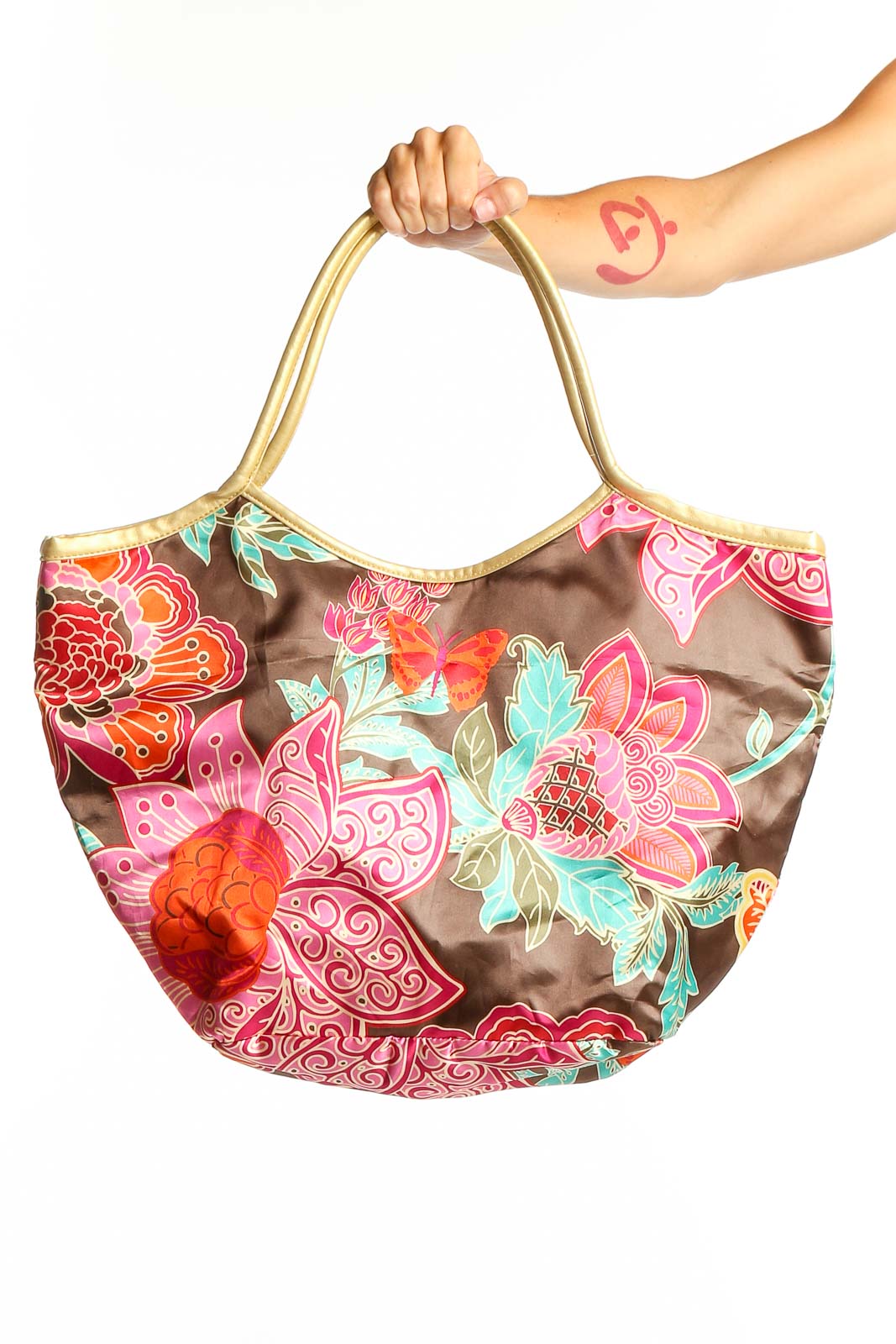 Brown Floral Print Tote Bag Front