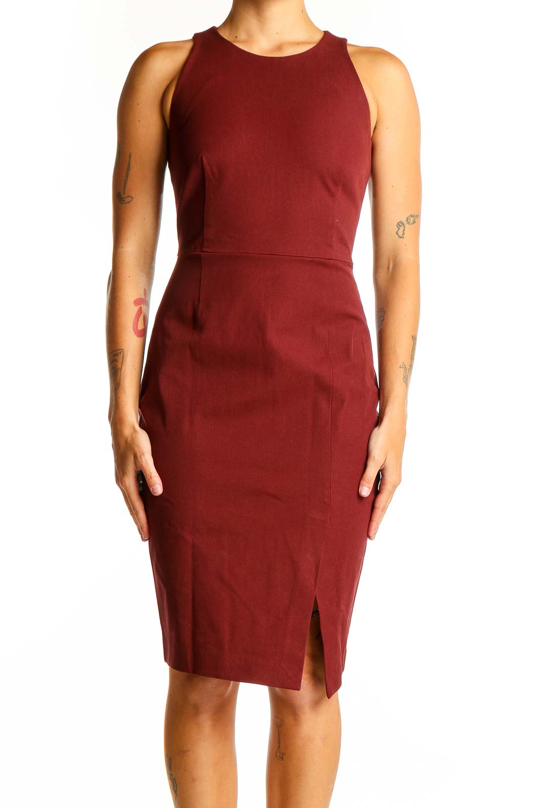 Burgundy Sleeveless Fitted Midi Dress Front