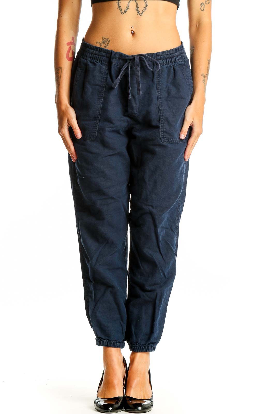 Navy Cotton-Linen Blend Jogger Pants Front