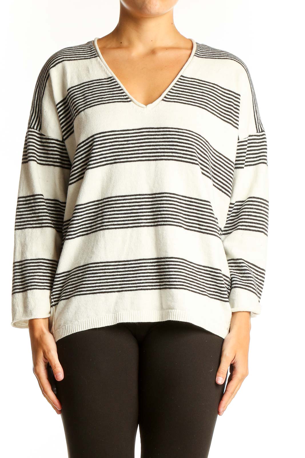 White and Black Striped V-Neck Sweater Front