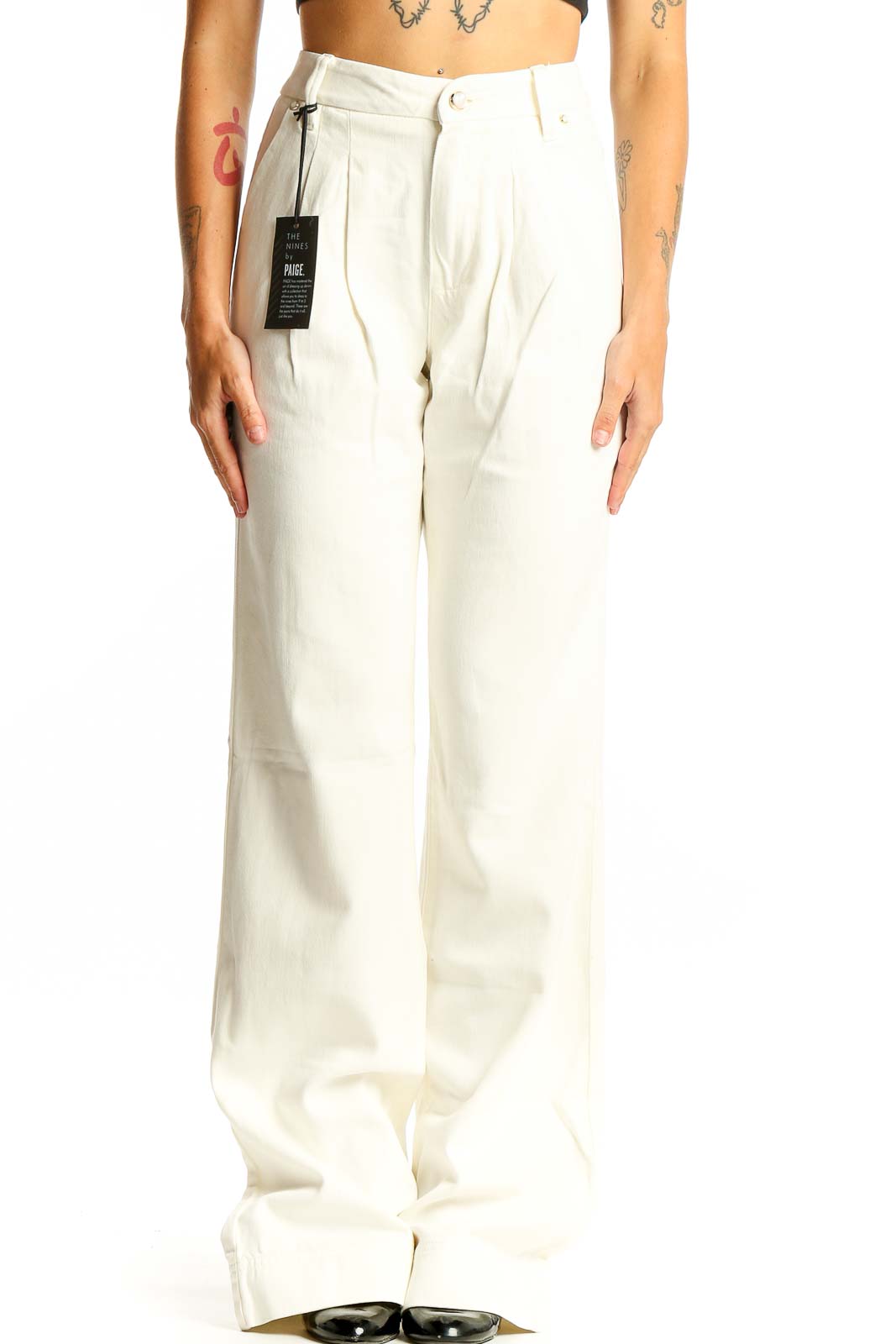 White Cotton-Rayon Blend Wide-Leg Trousers Front