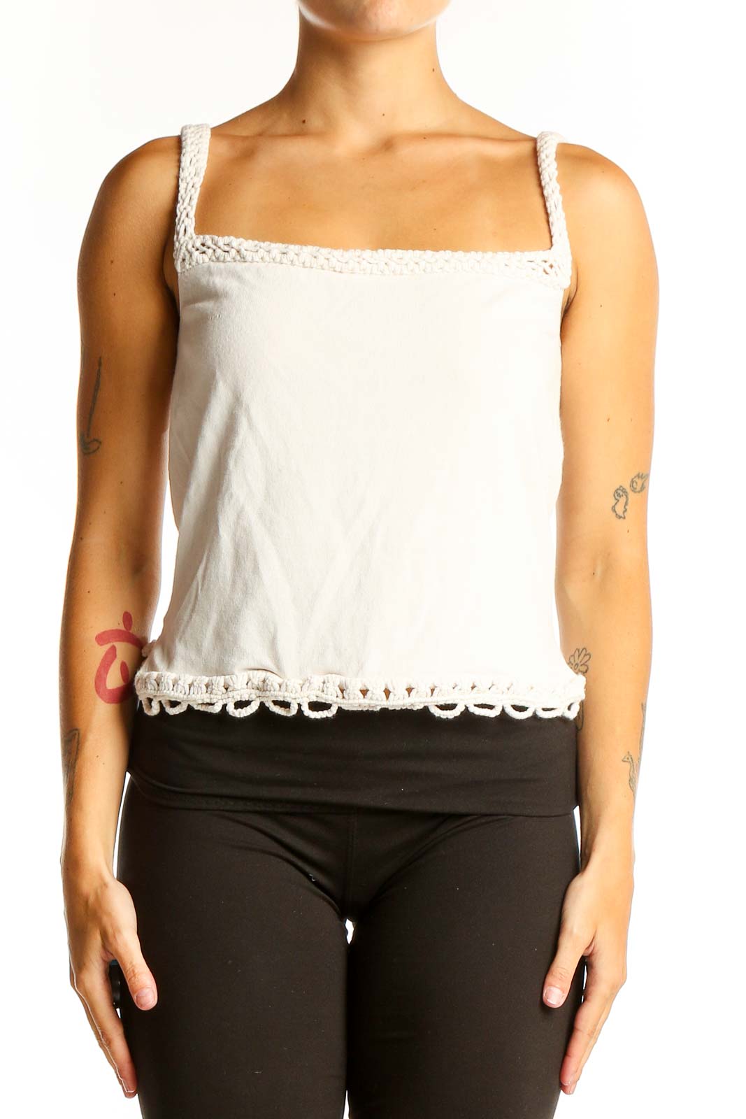 White Crochet-Trim Cotton Blend Tank Top Front