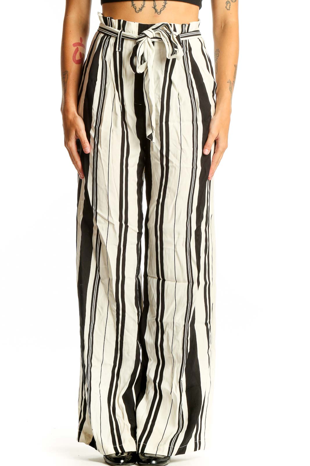 Black and White Striped Wide-Leg Pants Front
