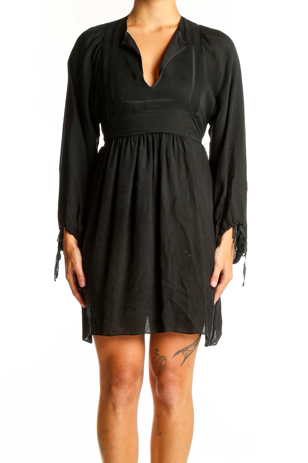 Black Elegant V-Neck Empire Waist Dress Front