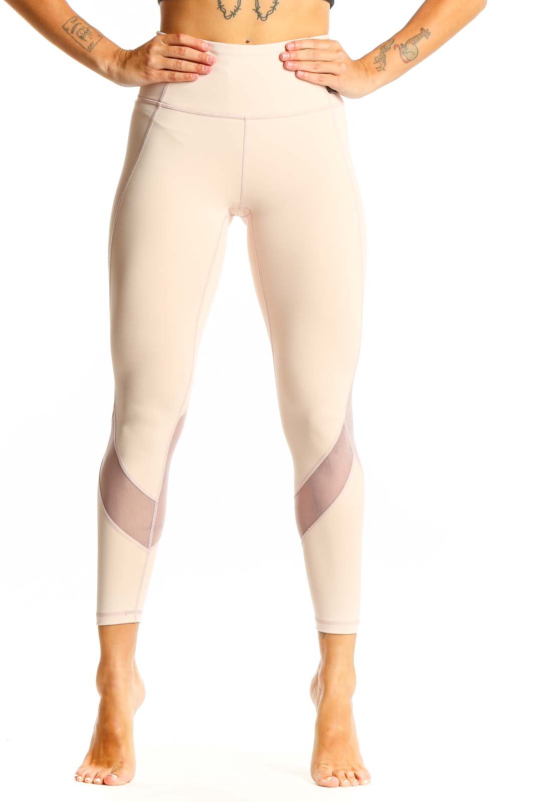 Beige High-Waisted Mesh Panel Leggings Front