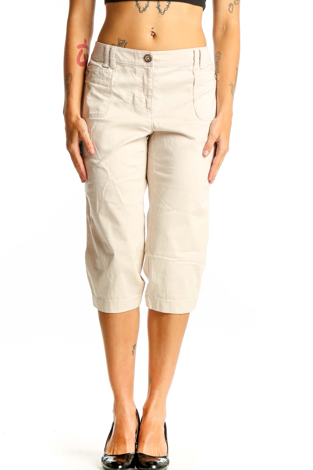 Beige Cotton-Blend Capri Pants Front
