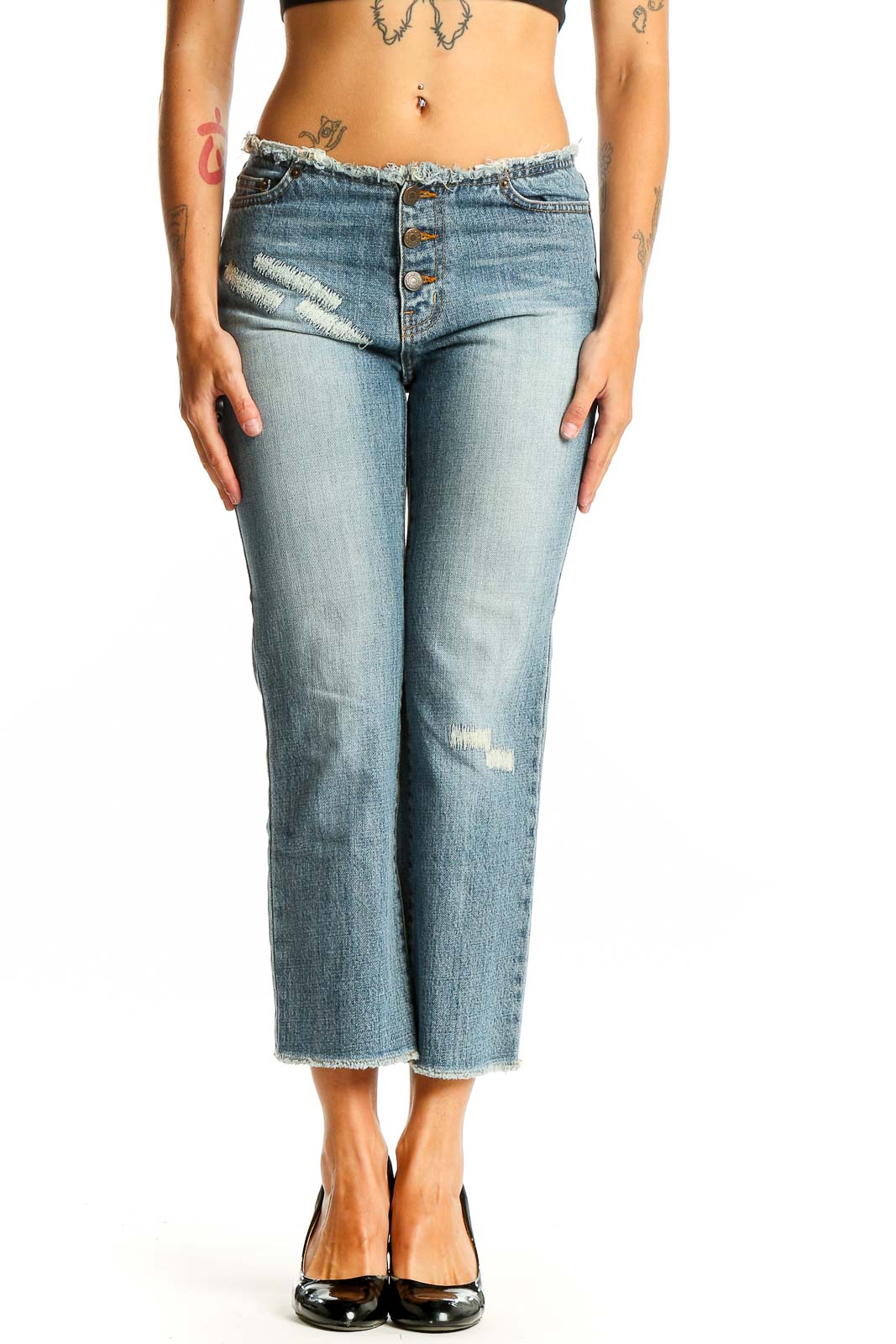Light Blue Distressed Cropped Jeans Front