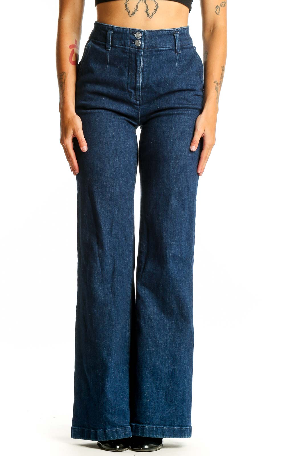 Dark Blue High-Waisted Wide-Leg Denim Jeans Front
