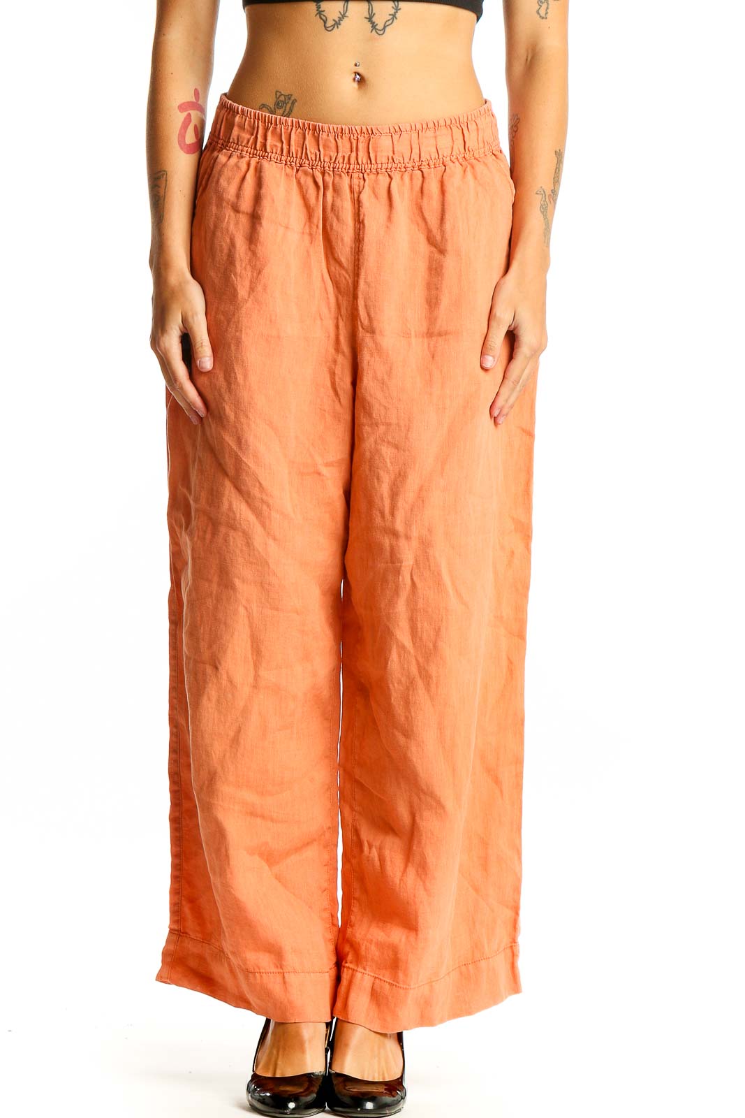 Orange Linen Wide-Leg Pants Front