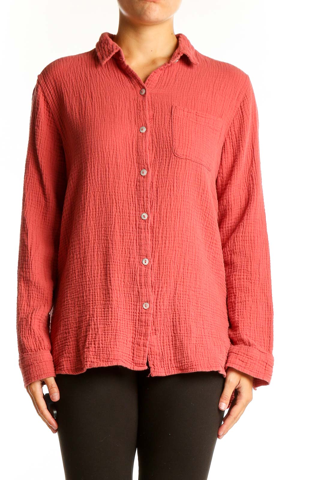 Coral Textured Button-Down Shirt Front