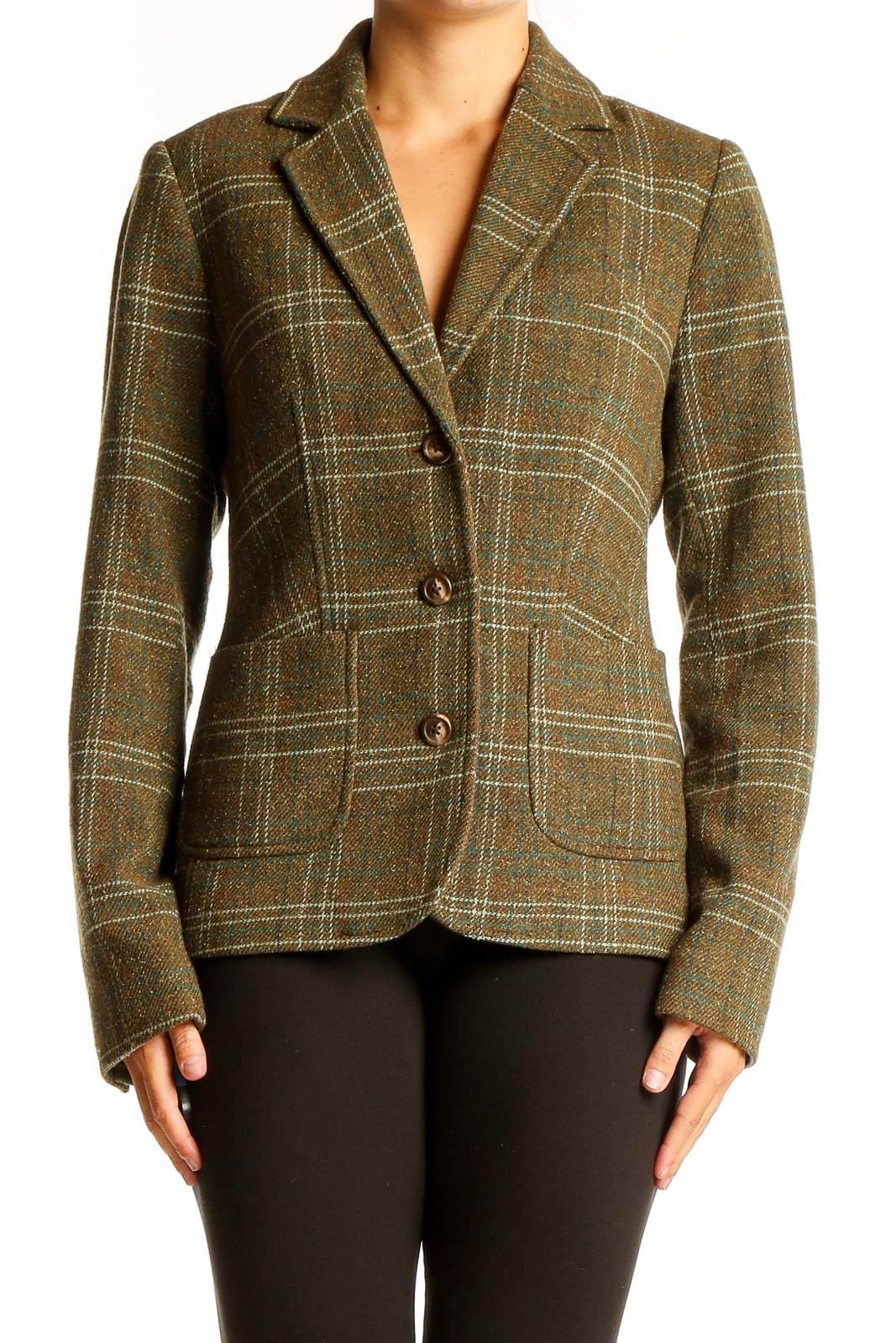 Olive Plaid Wool Blend Blazer Front