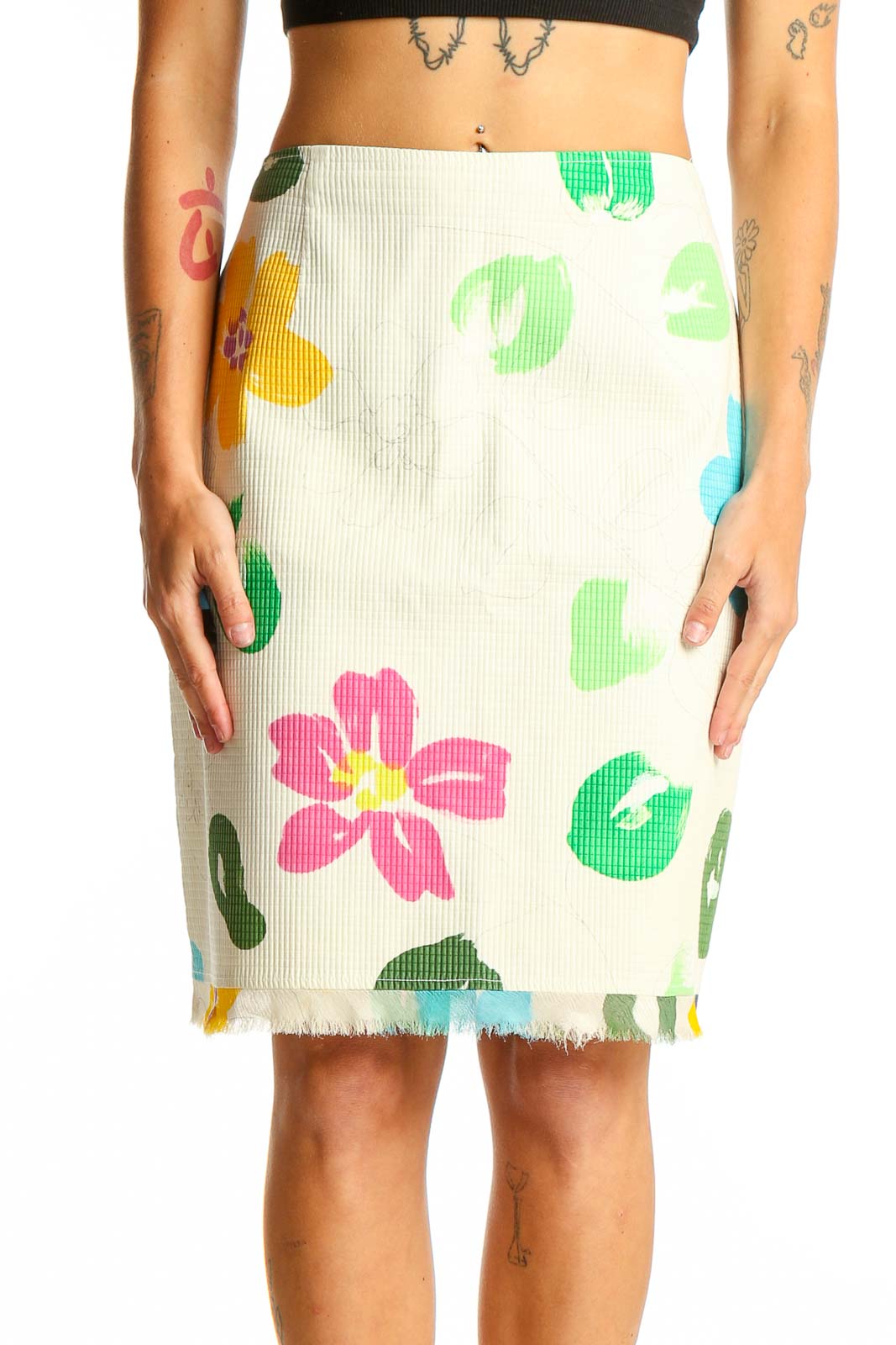 Cream Floral Print Pencil Skirt Front