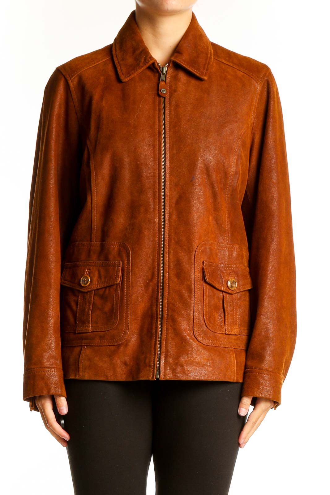 Brown Genuine Leather Zip-Up Jacket Front