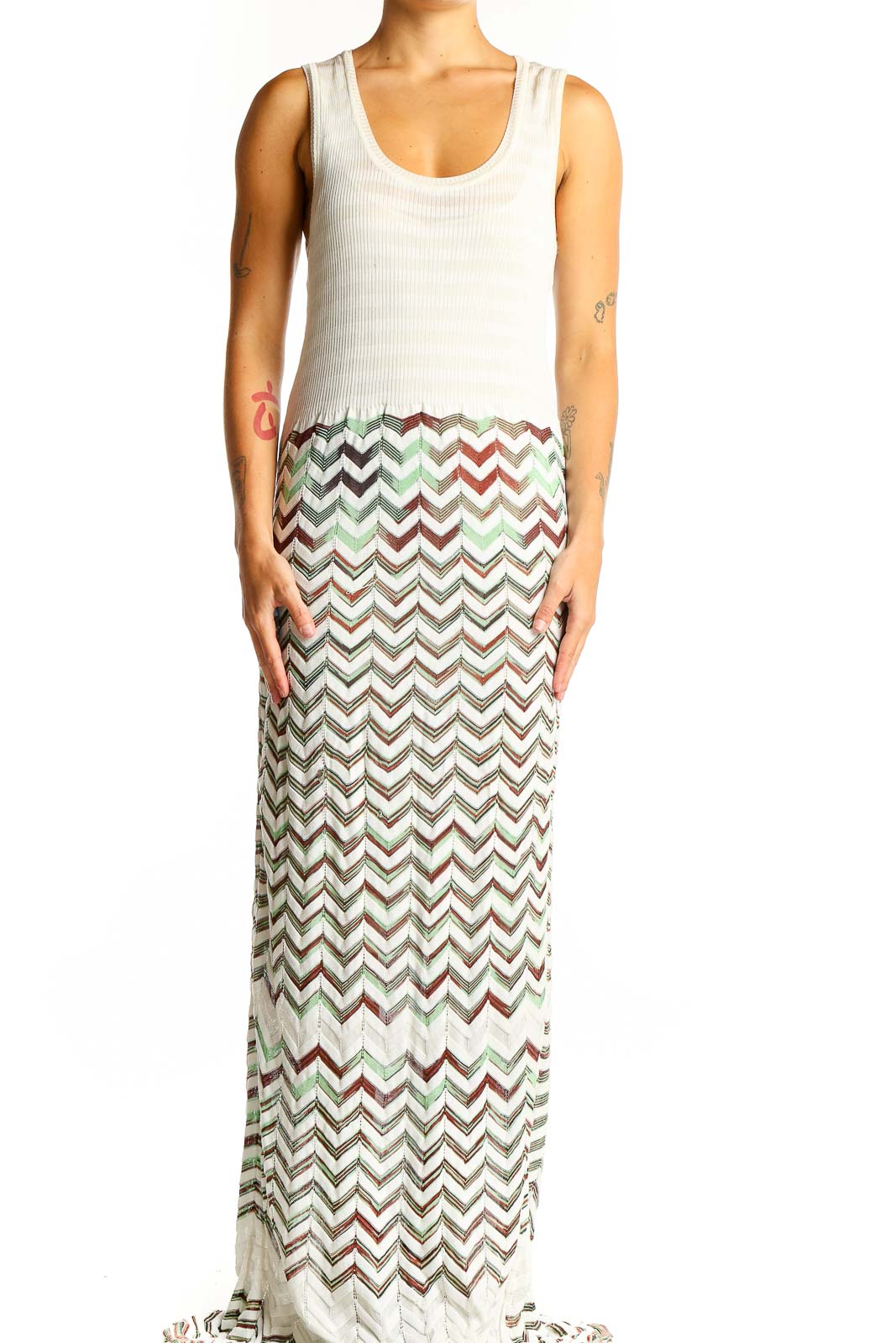 White Chevron Knit Maxi Dress Front