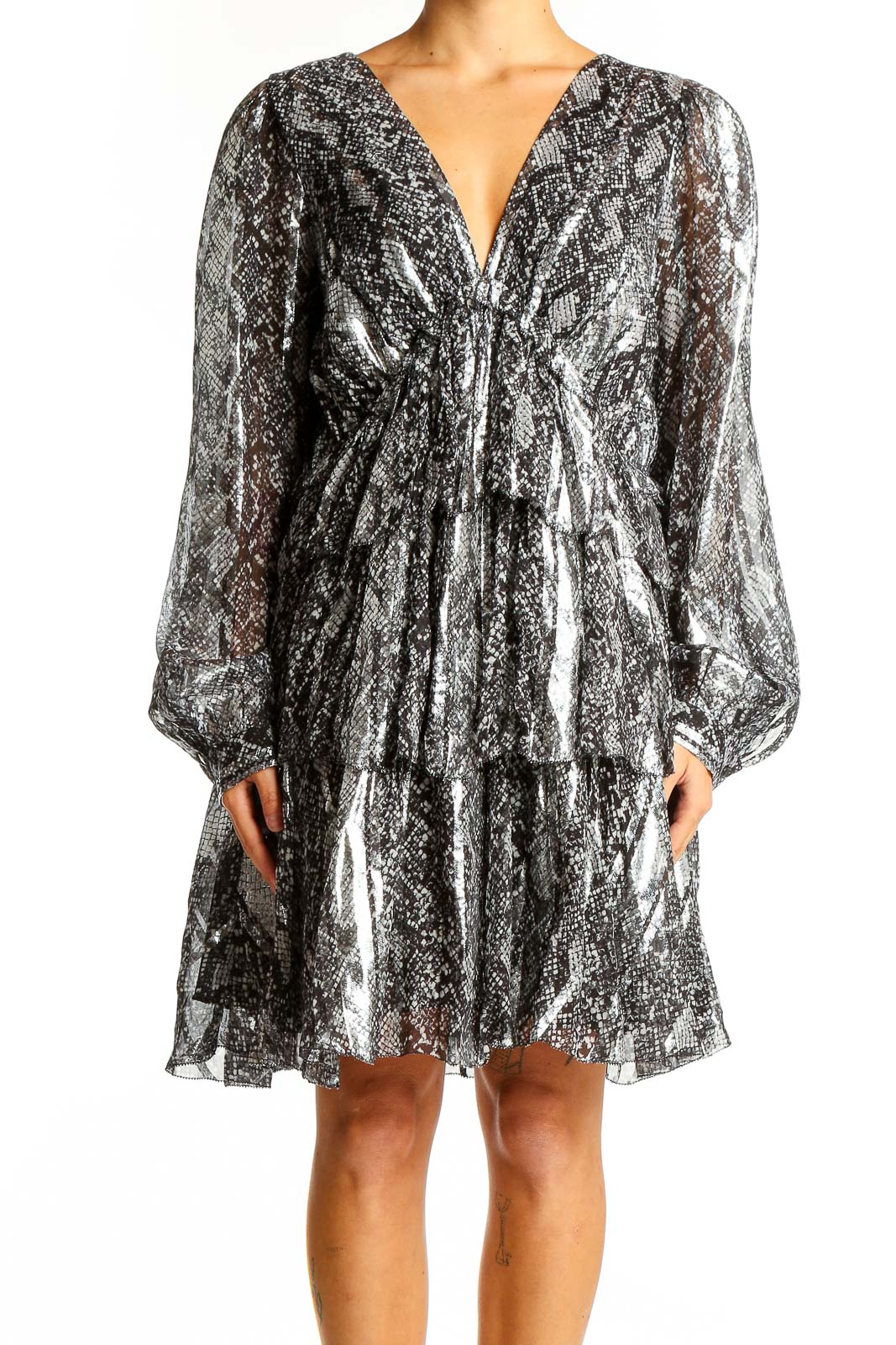 Silver Metallic Snakeskin Print Cocktail Dress Front