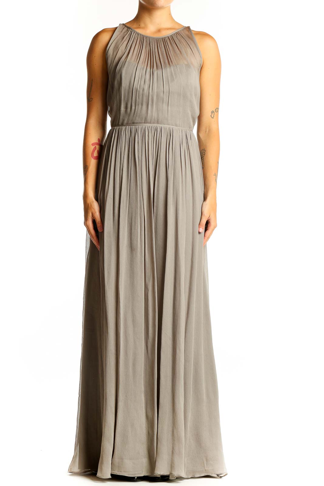 Taupe Pleated Chiffon Maxi Dress Front