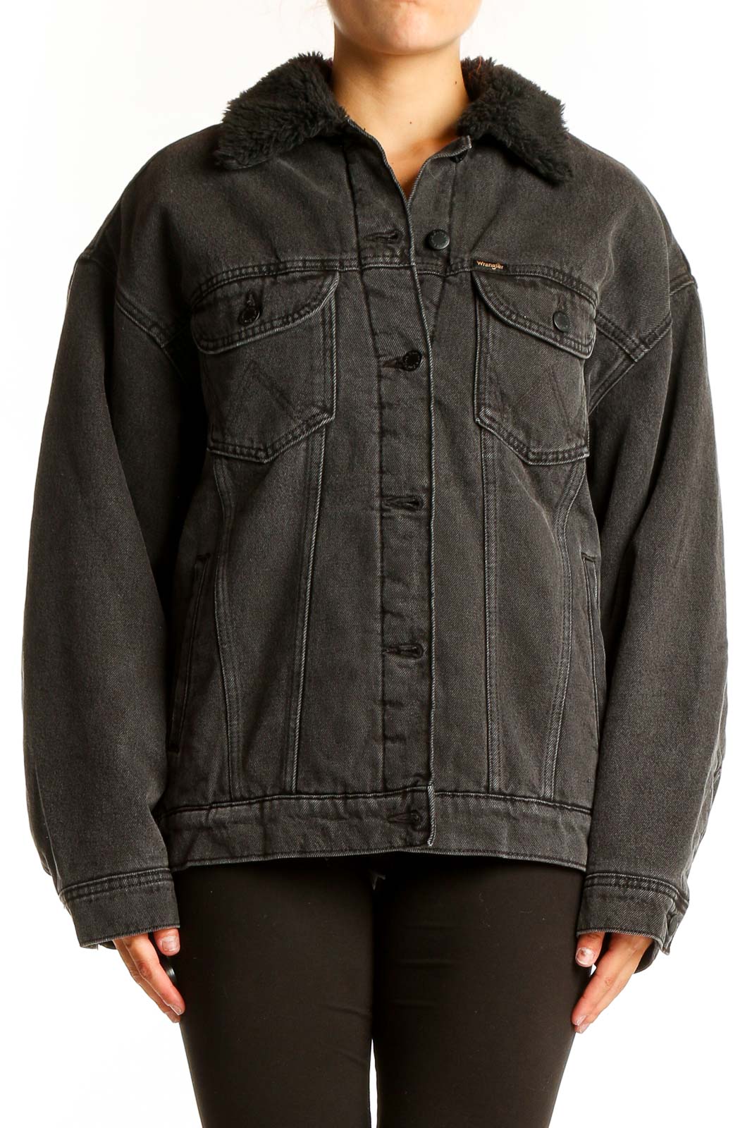 Black Oversized Denim Jacket with Faux Fur Collar Front