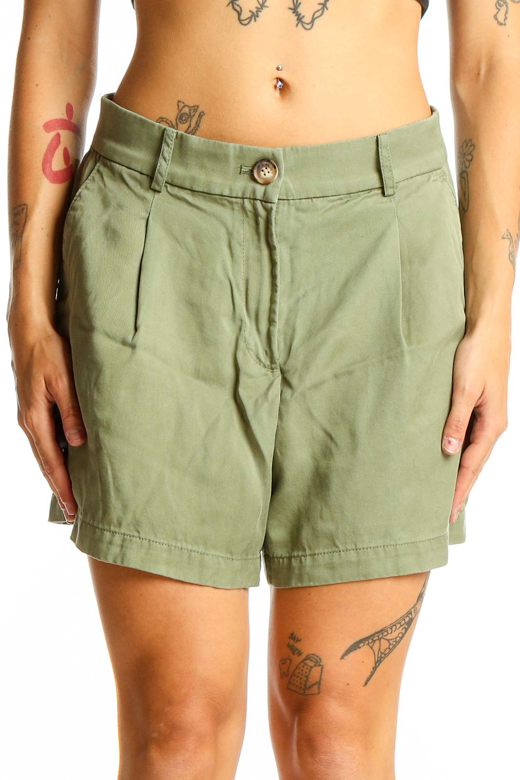 Sage Green Lyocell Pleated Shorts Front