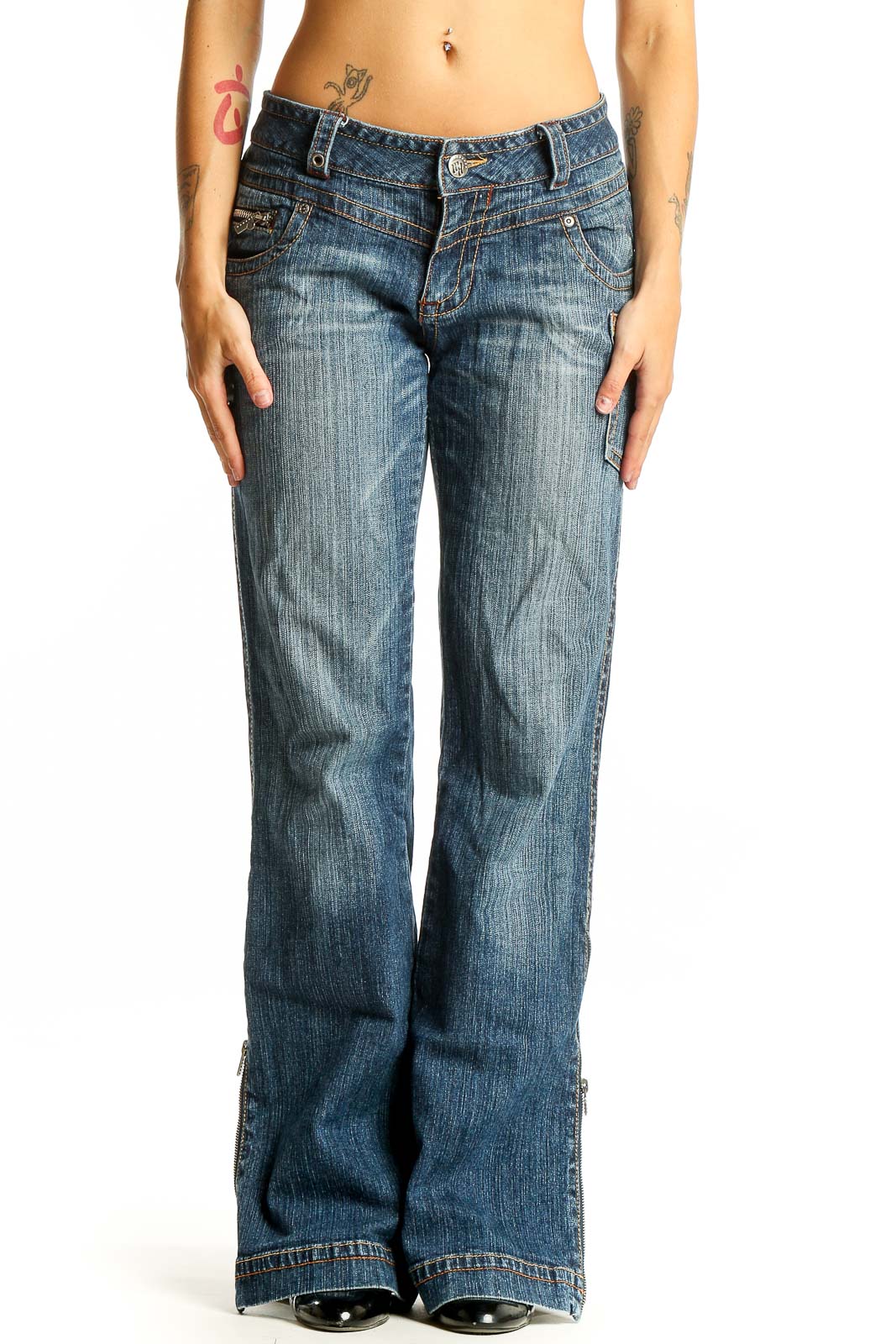 Blue Distressed Wide-Leg Denim Jeans Front