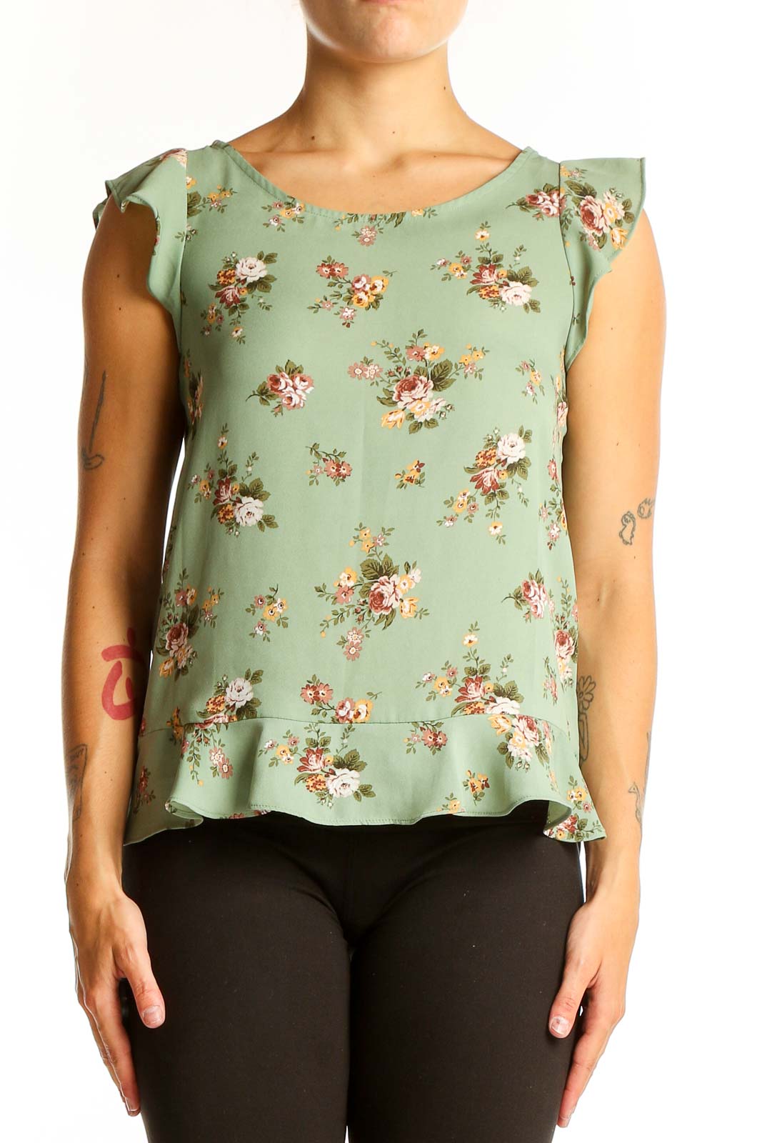 Sage Floral Ruffle Sleeve Blouse Front