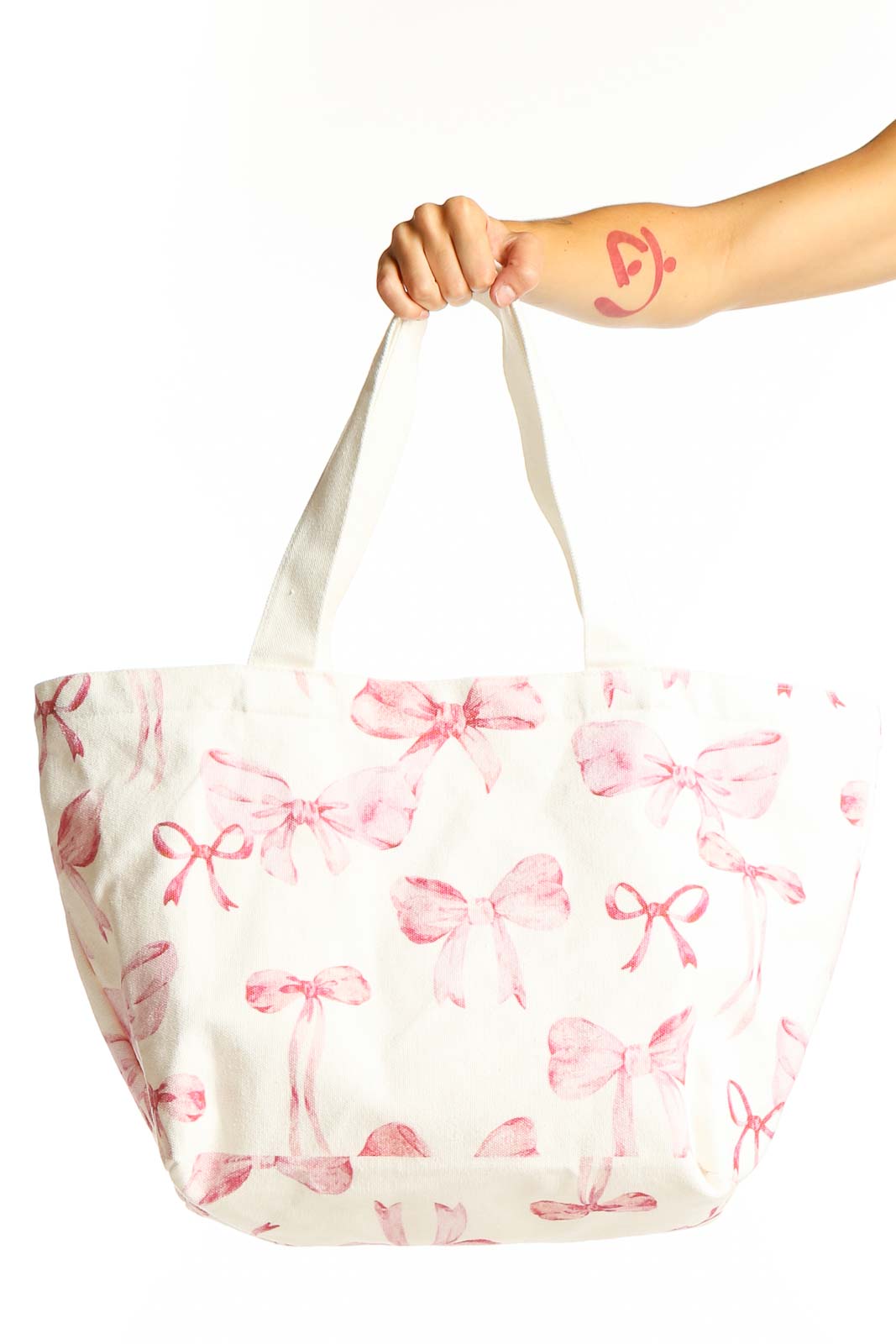 White and Pink Bow Print Canvas Tote Front