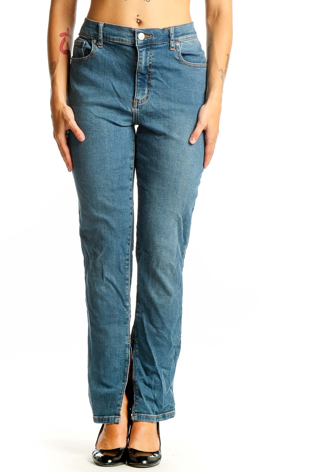 Blue Straight Leg Split Hem Jeans Front