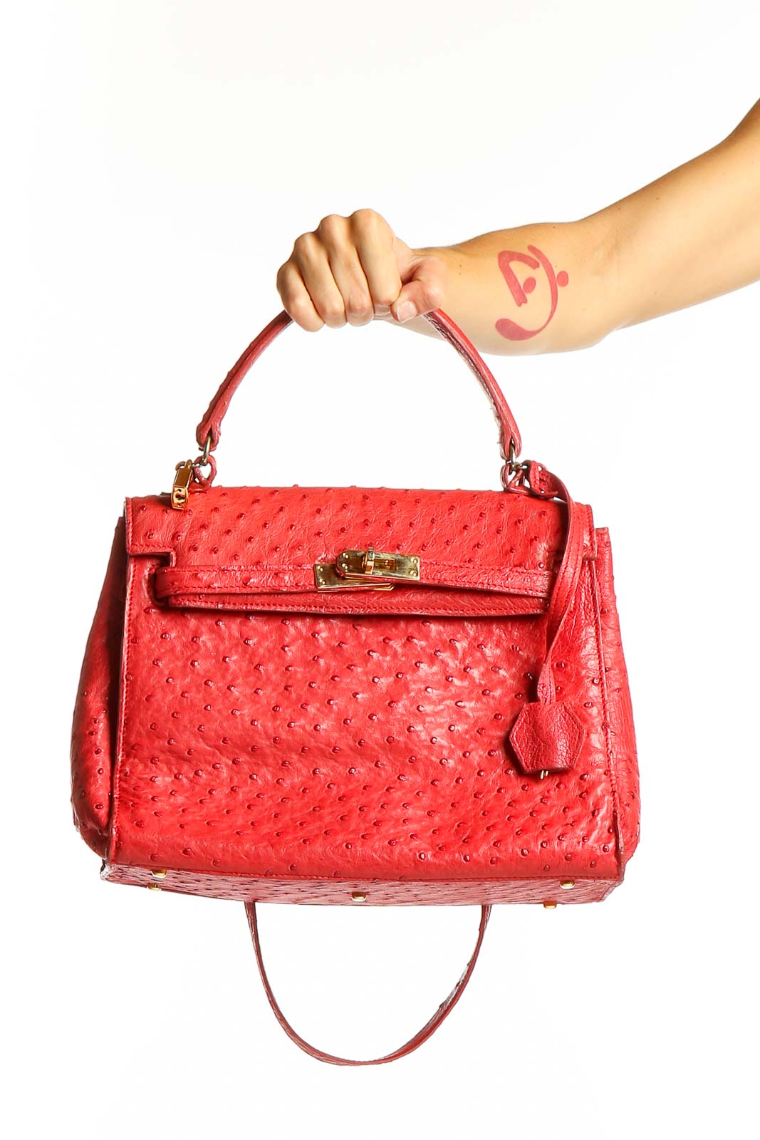 Red Ostrich Leather Satchel Handbag Front