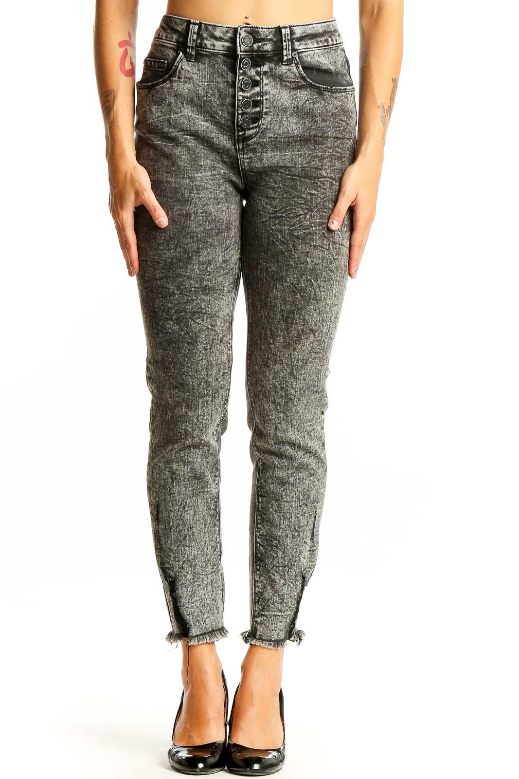 Gray Acid Wash High-Waisted Skinny Jeans Front