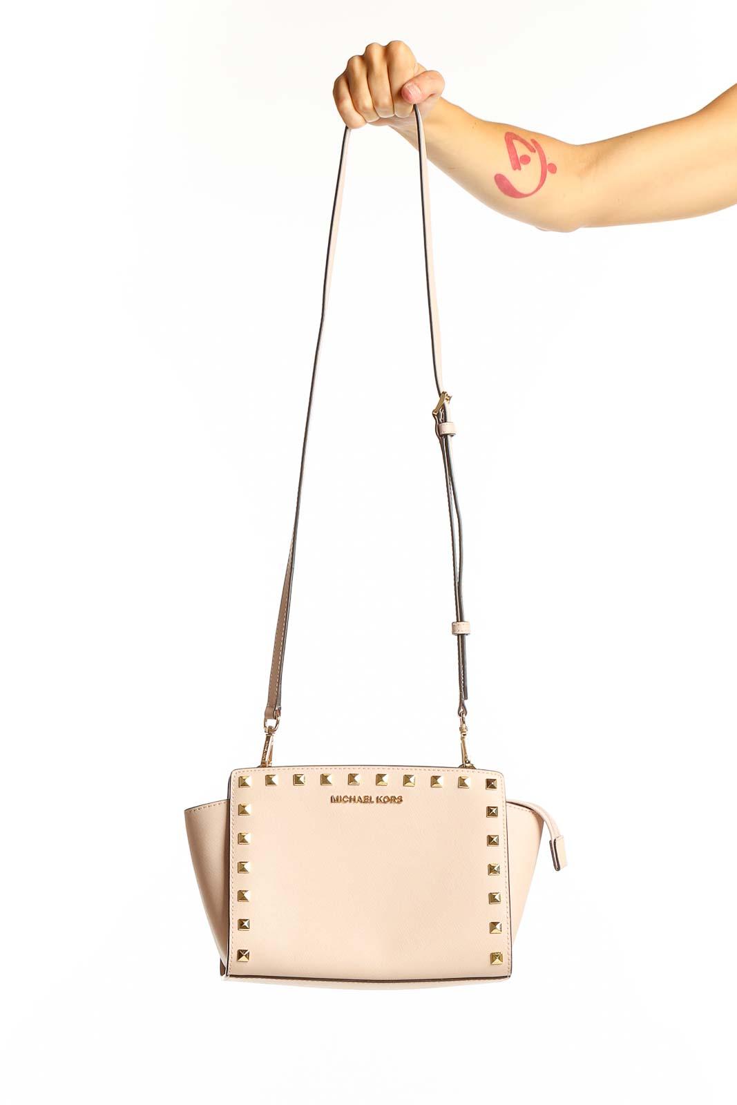 Beige Studded Leather Crossbody Bag Front