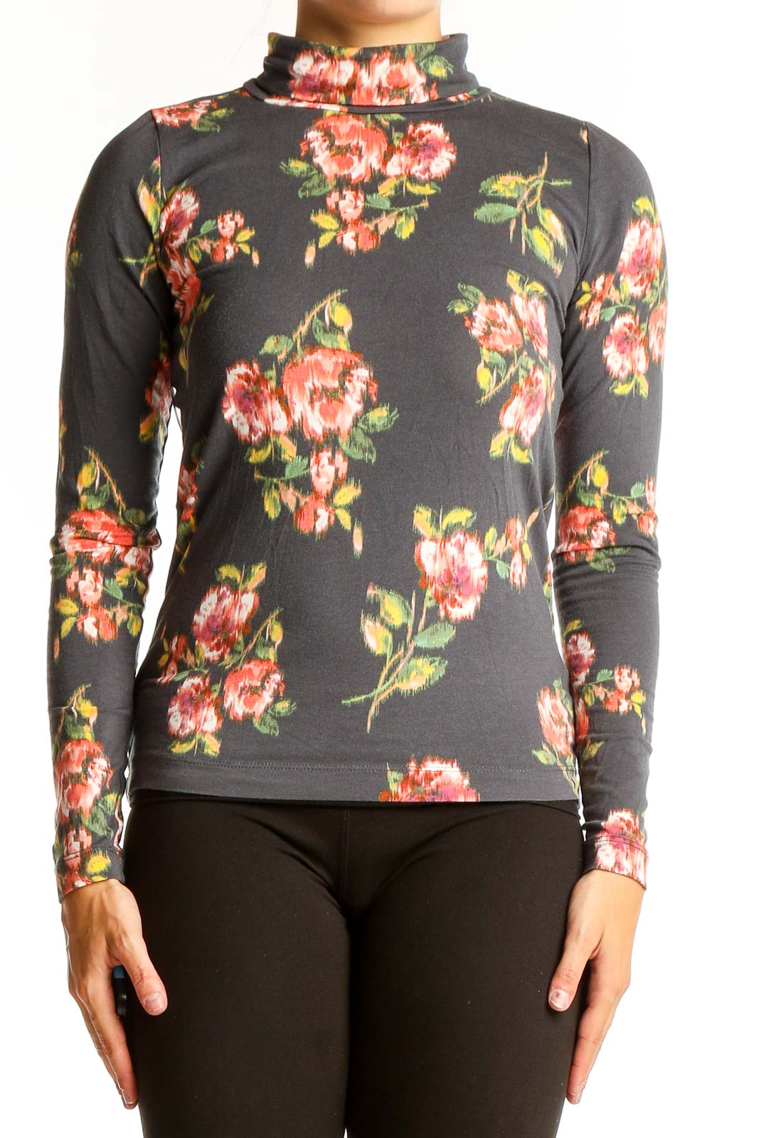 Gray Floral Turtleneck Top Front