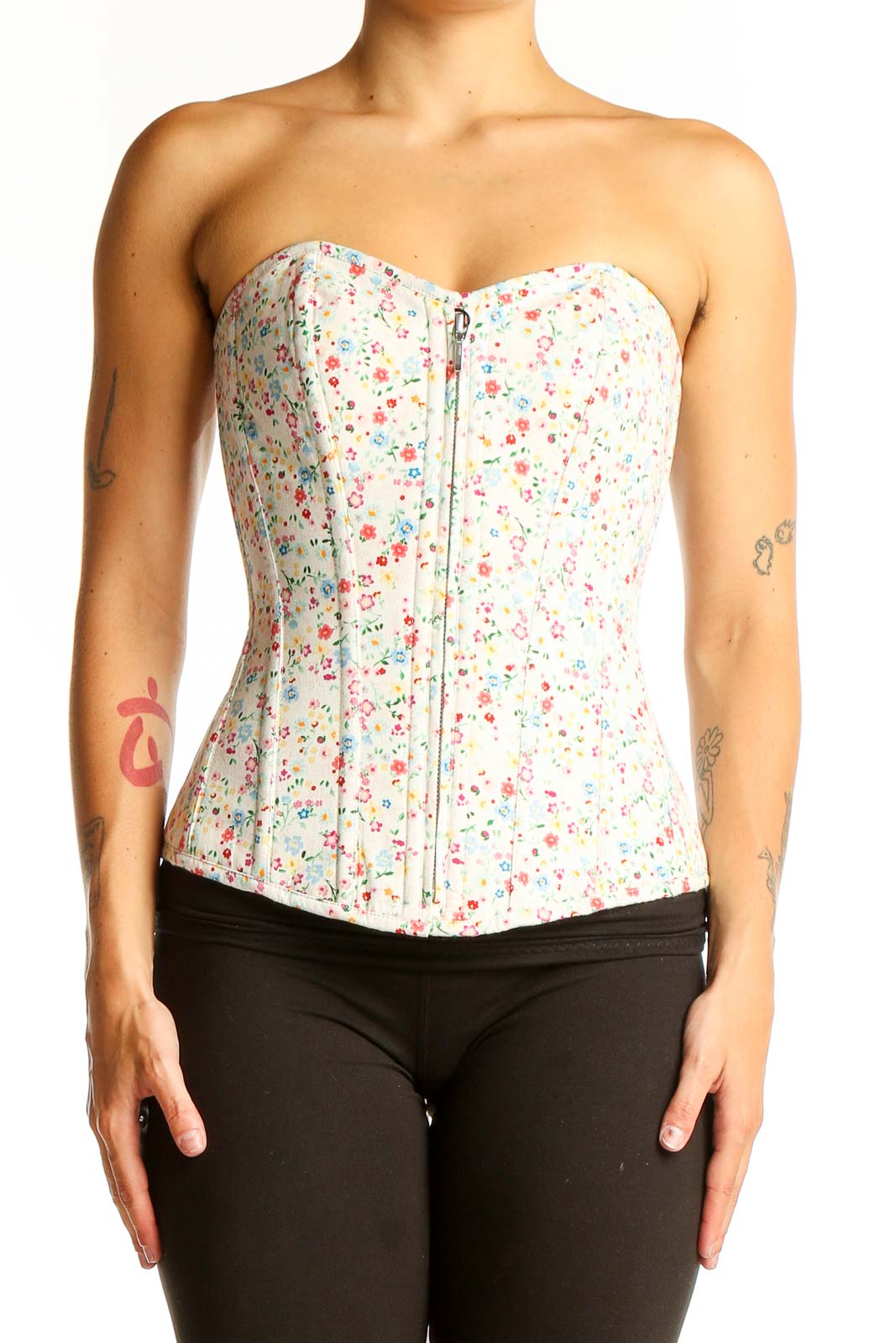White Floral Cotton Corset Top Front