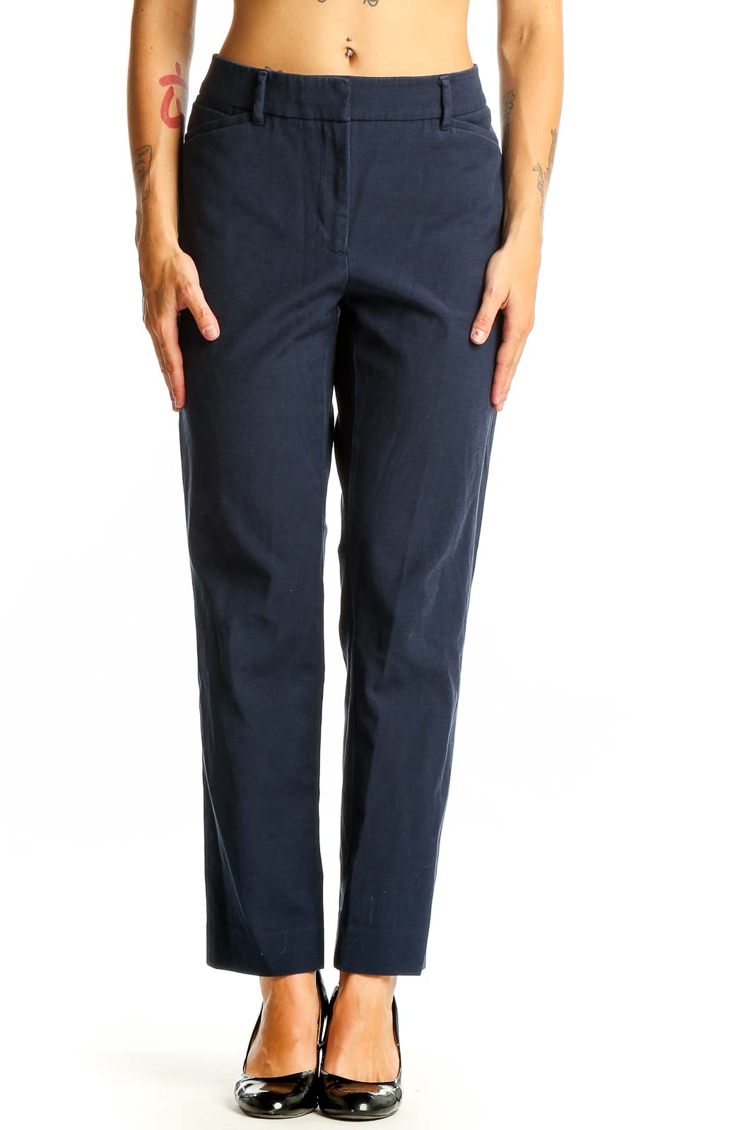 Navy Cotton Blend Straight Leg Trousers Front