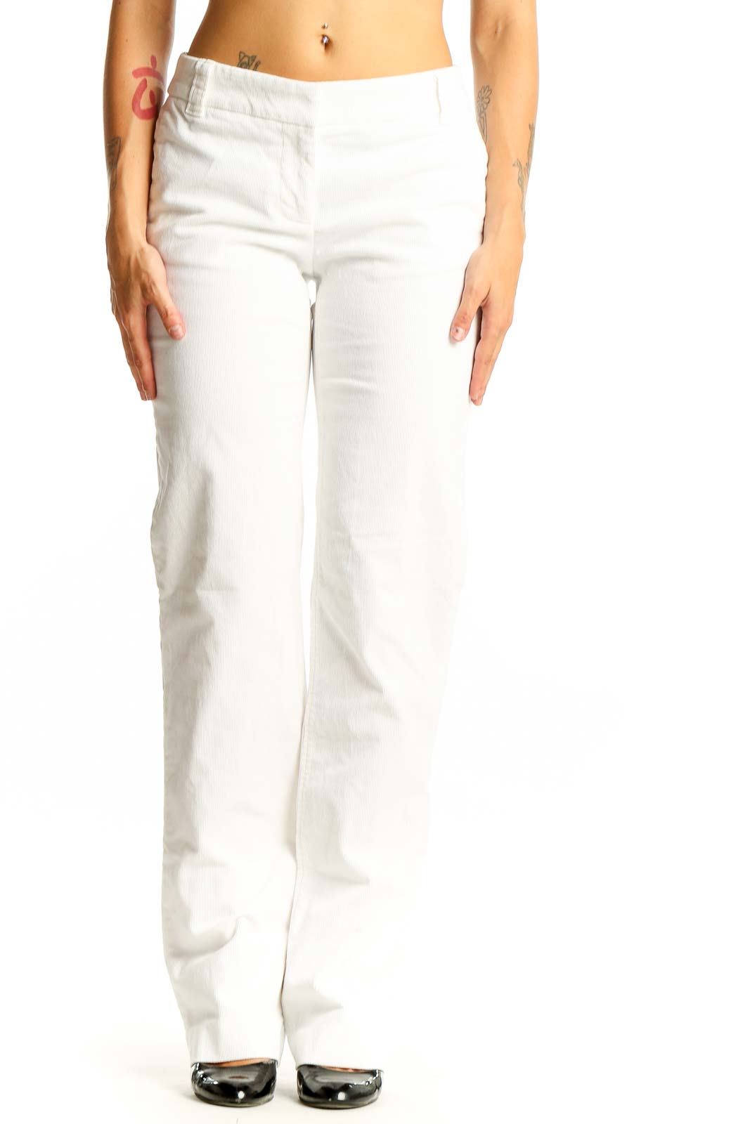White Cotton Blend Straight Leg Pants Front