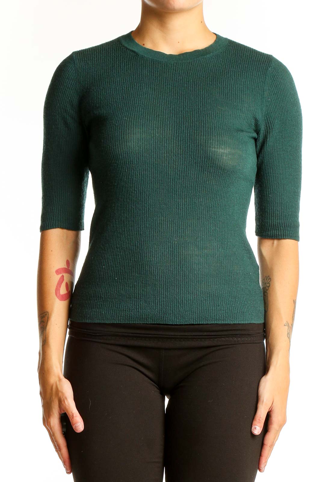 Green Ribbed Wool Crewneck Sweater Front