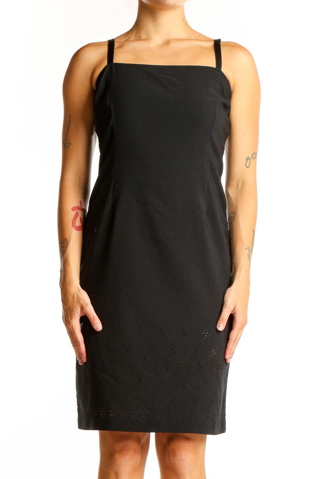 Black Cotton Blend Sleeveless Sheath Dress Front