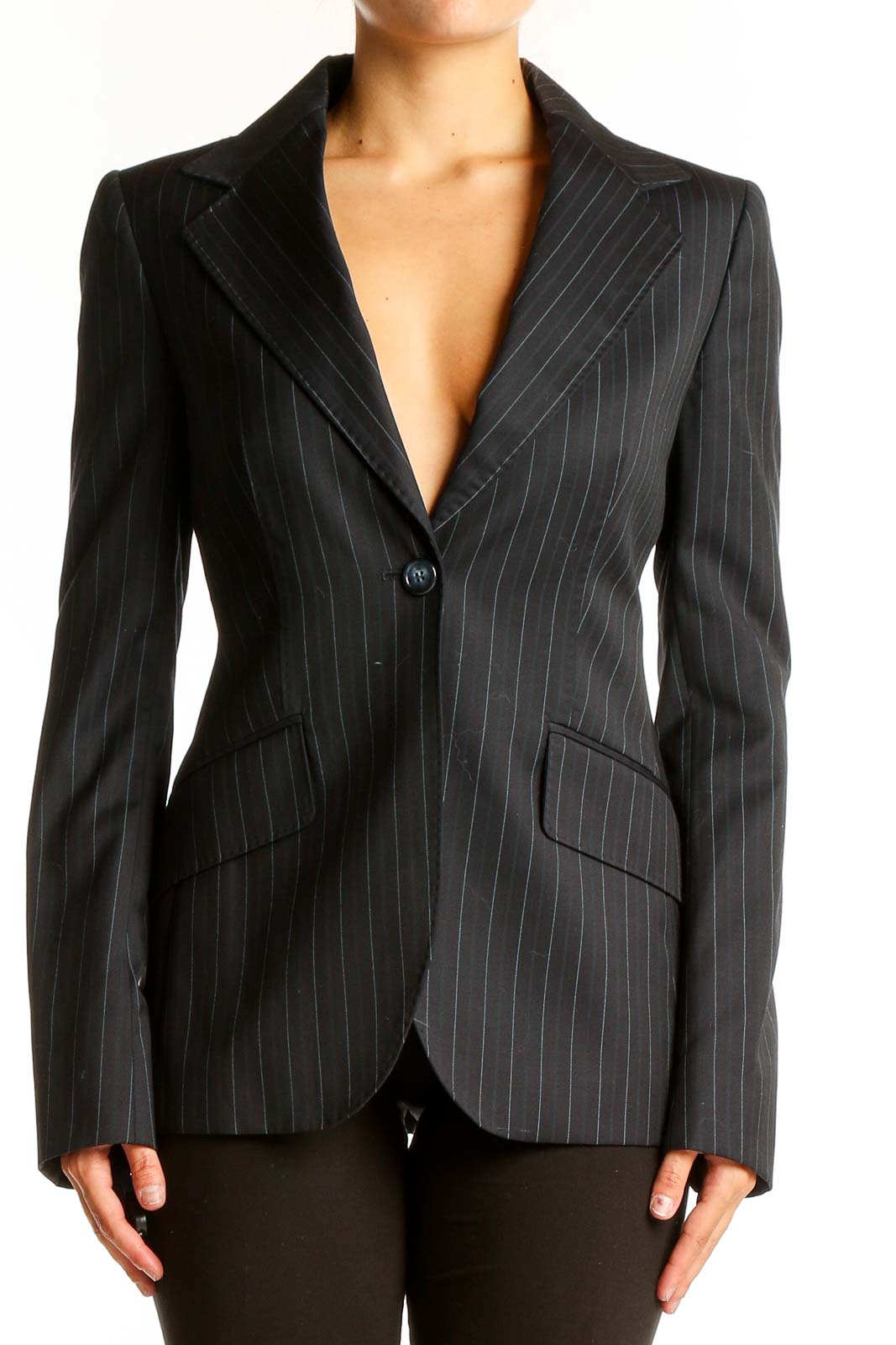 Black Pinstriped Wool Blend Blazer Front