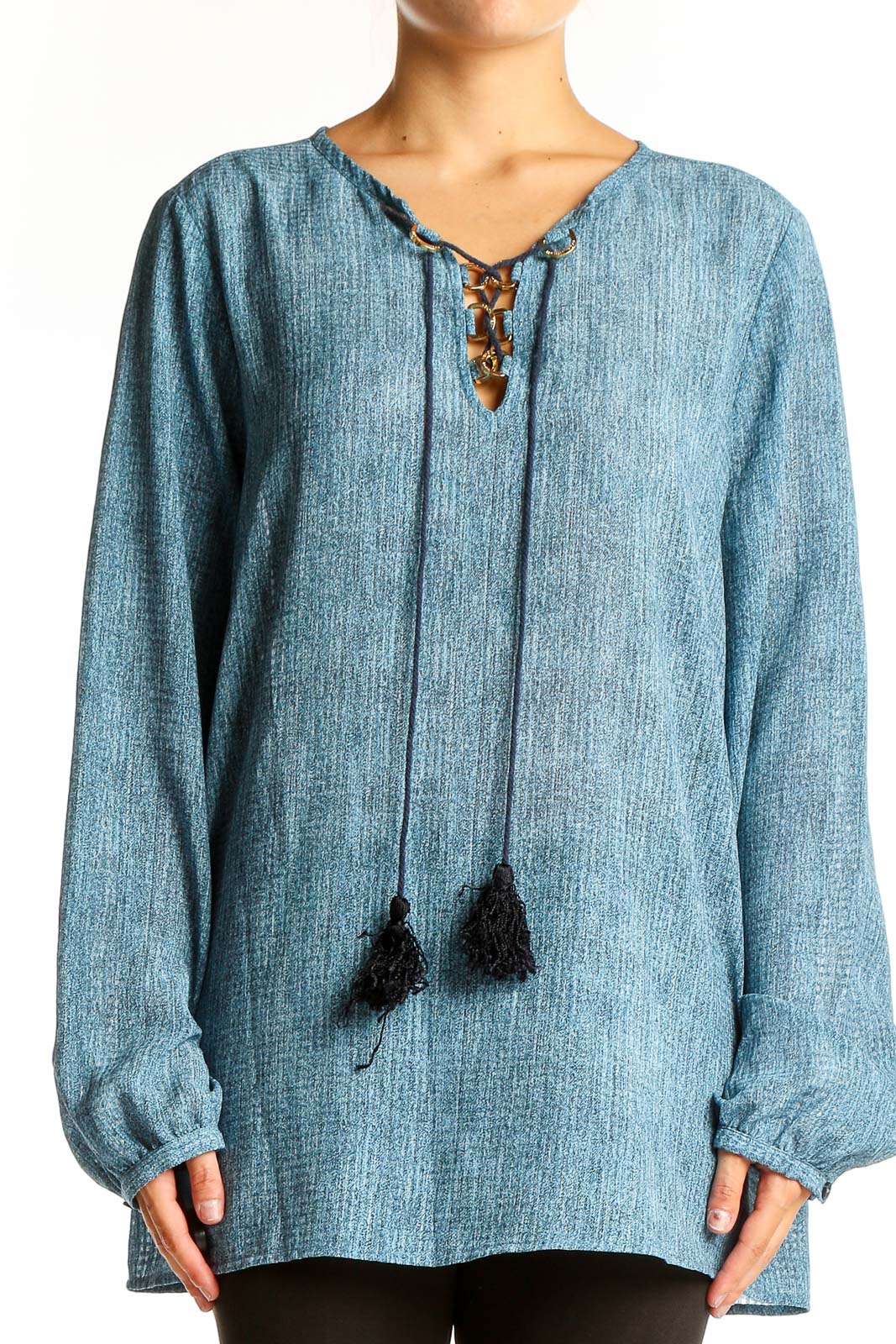 Blue Chambray Lace-Up Tunic Top Front