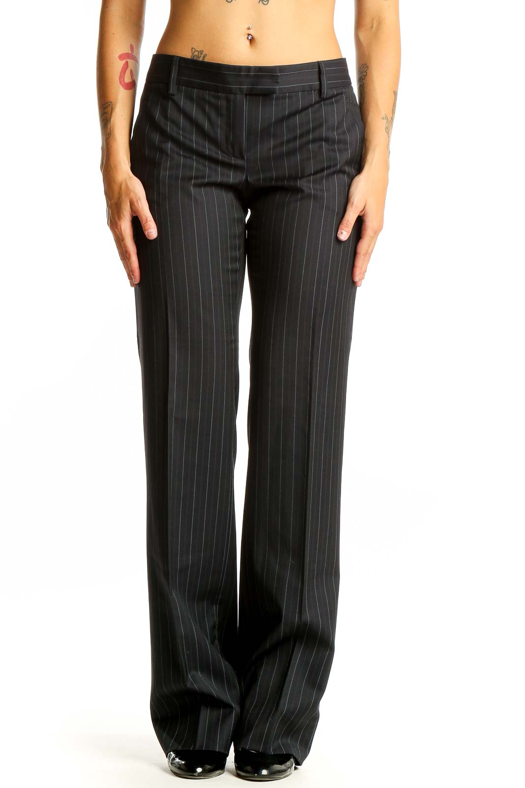 Black Pinstriped Wide-Leg Trousers Front