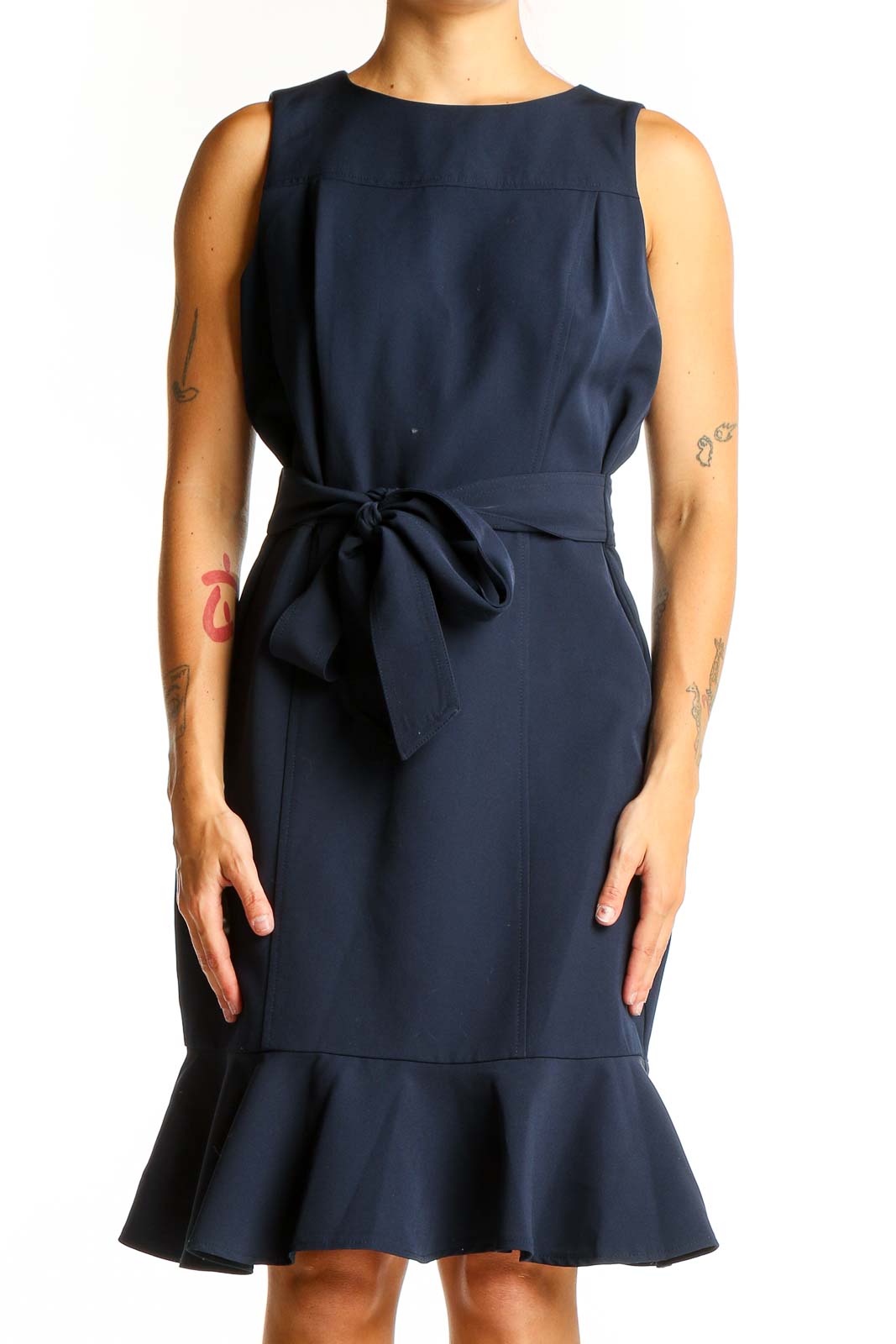 Navy Sleeveless Flounce Hem Dress Front